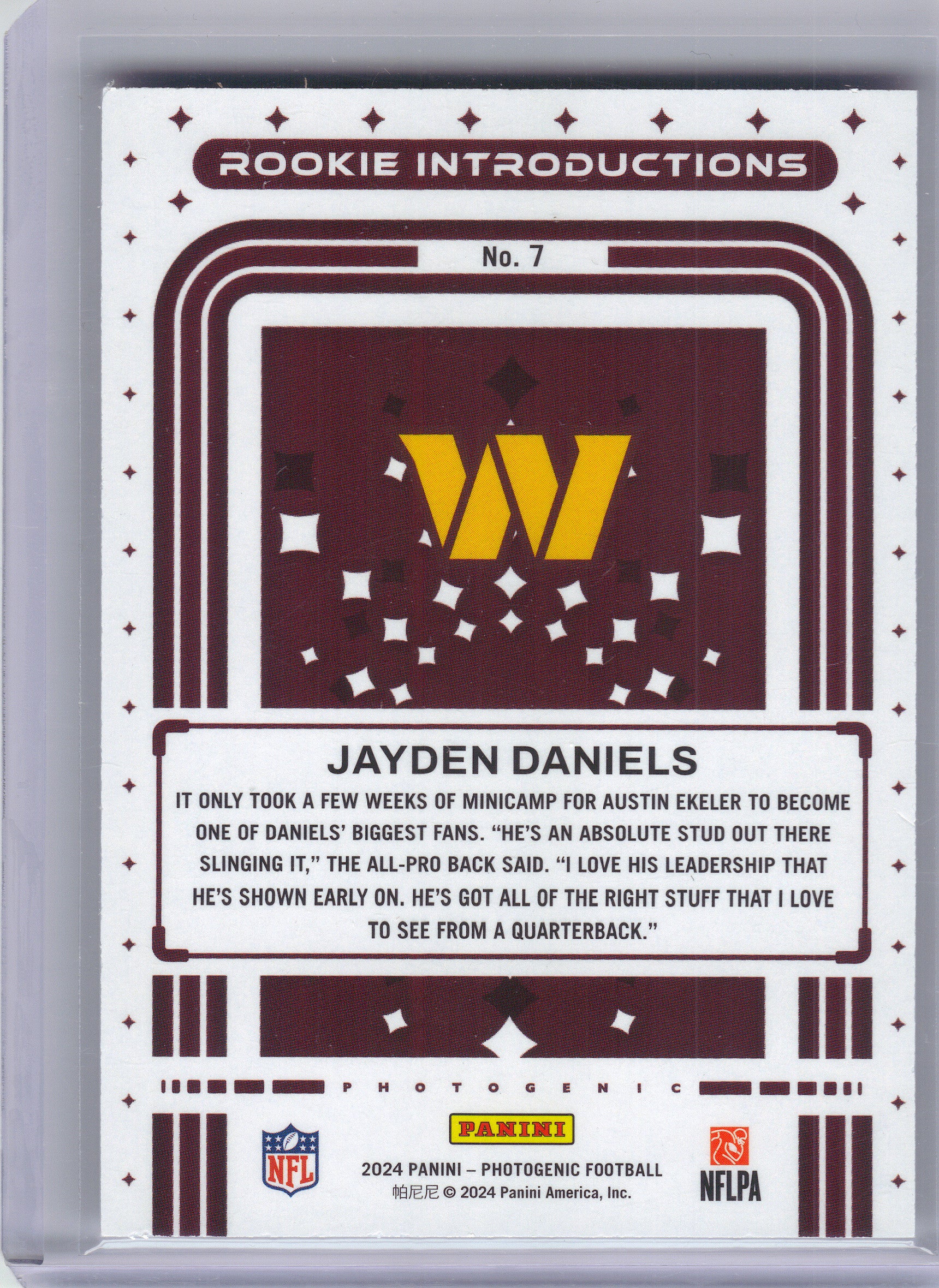 2024 Panini Photogenic #7 Jayden Daniels Rookie Introductions Washington Commanders