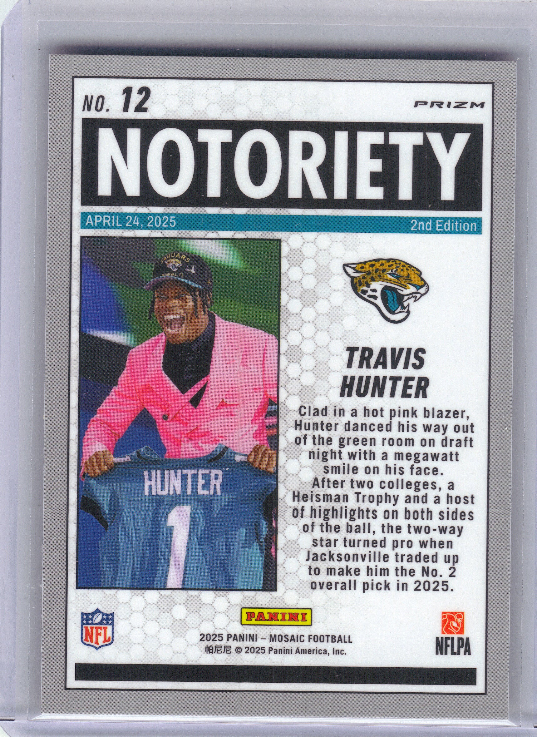 2025 Panini Mosaic #12 Travis Hunter Notoriety Mosaic Orange Fluorescent Jacksonville Jaguars