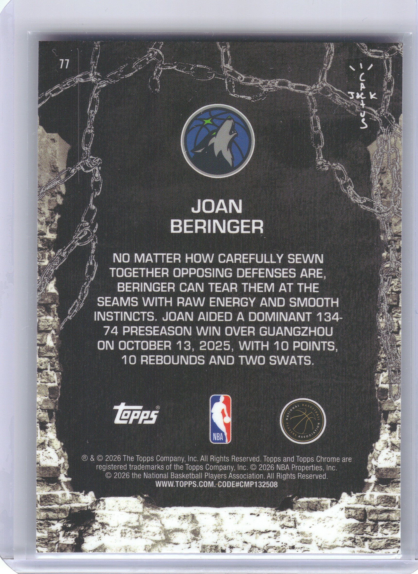 2025-26 Topps Chrome Cactus Jack #77 Joan Beringer Minnesota Timberwolves