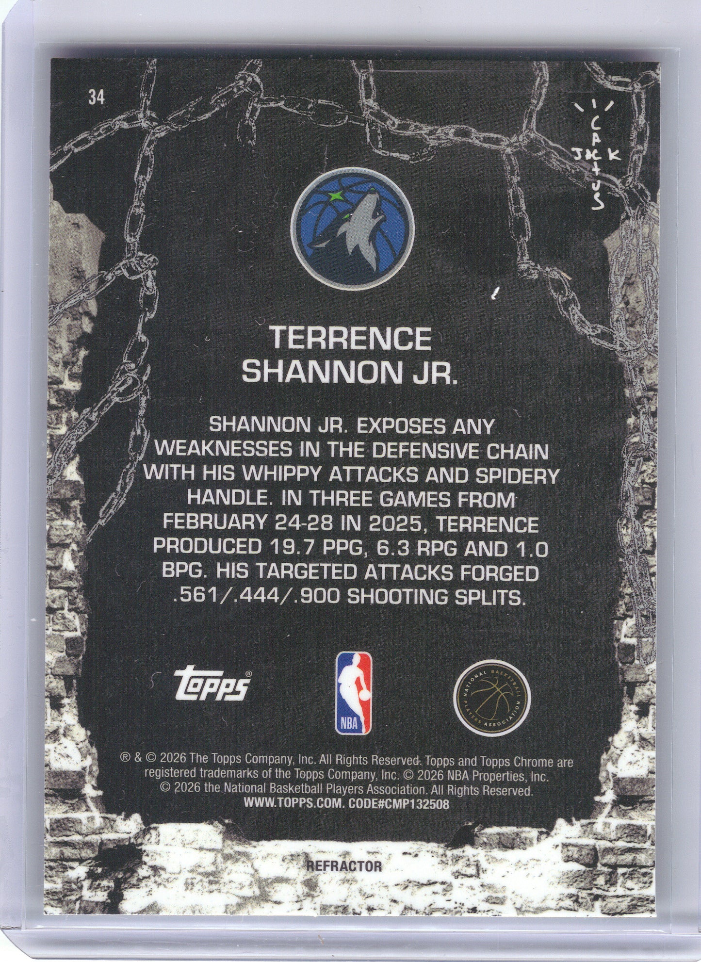 2025-26 Topps Chrome Cactus Jack #34 Terrence Shannon Jr. Refractor Minnesota Timberwolves