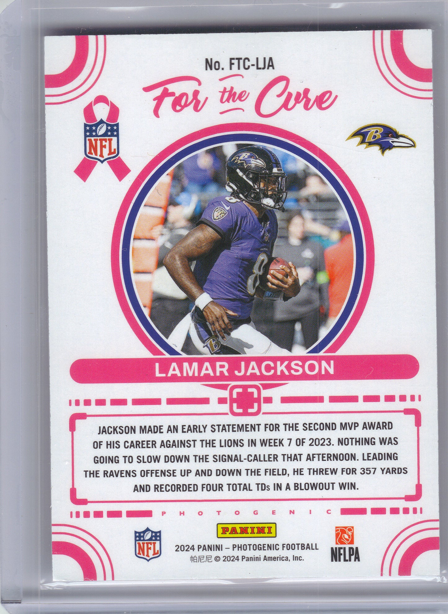 2024 Panini Photogenic #FTC-LJA Lamar Jackson For the Cure Baltimore Ravens