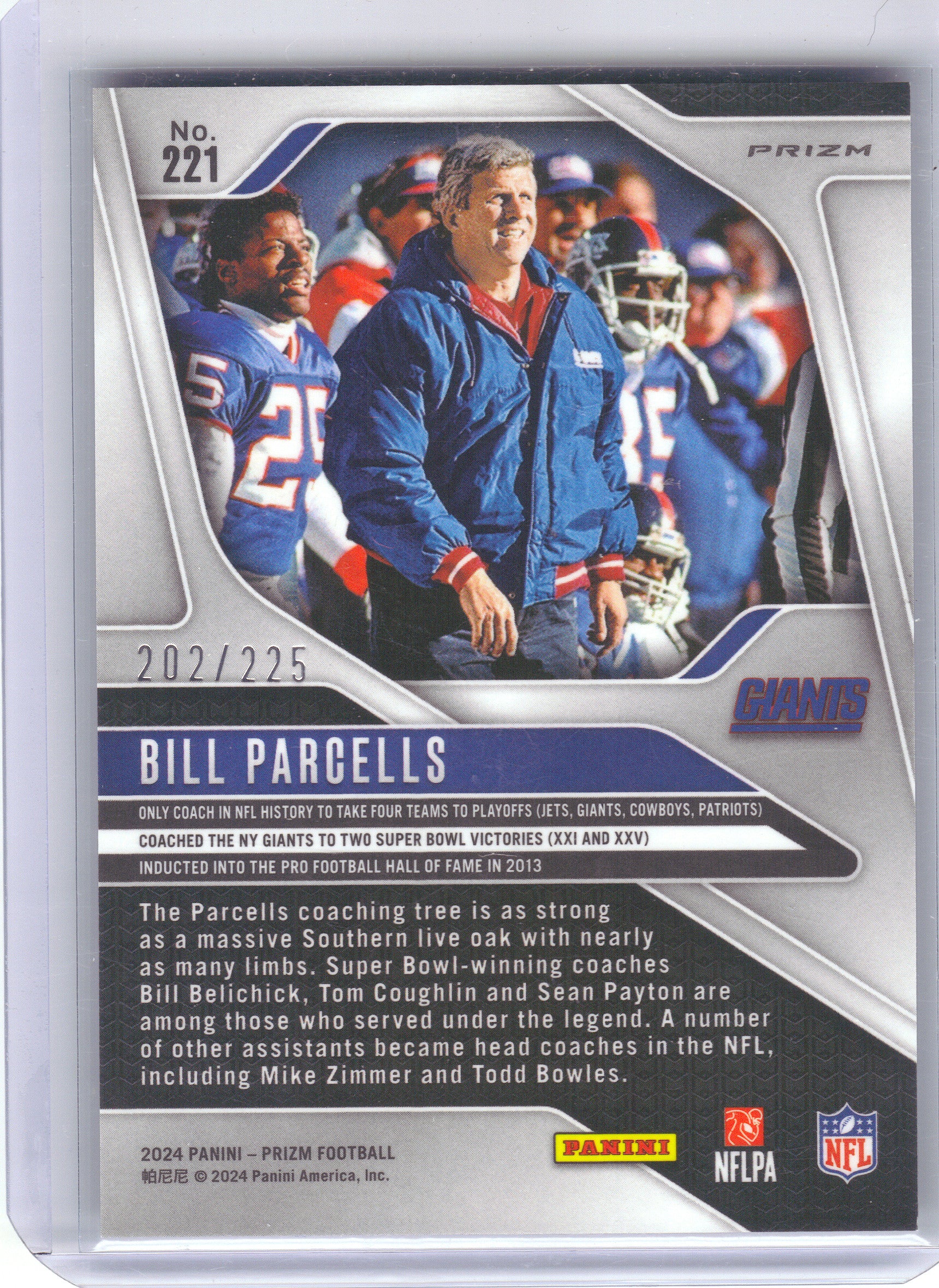 2024 Panini Prizm #221 Bill Parcells Purple Ice #/225 New York Giants SN