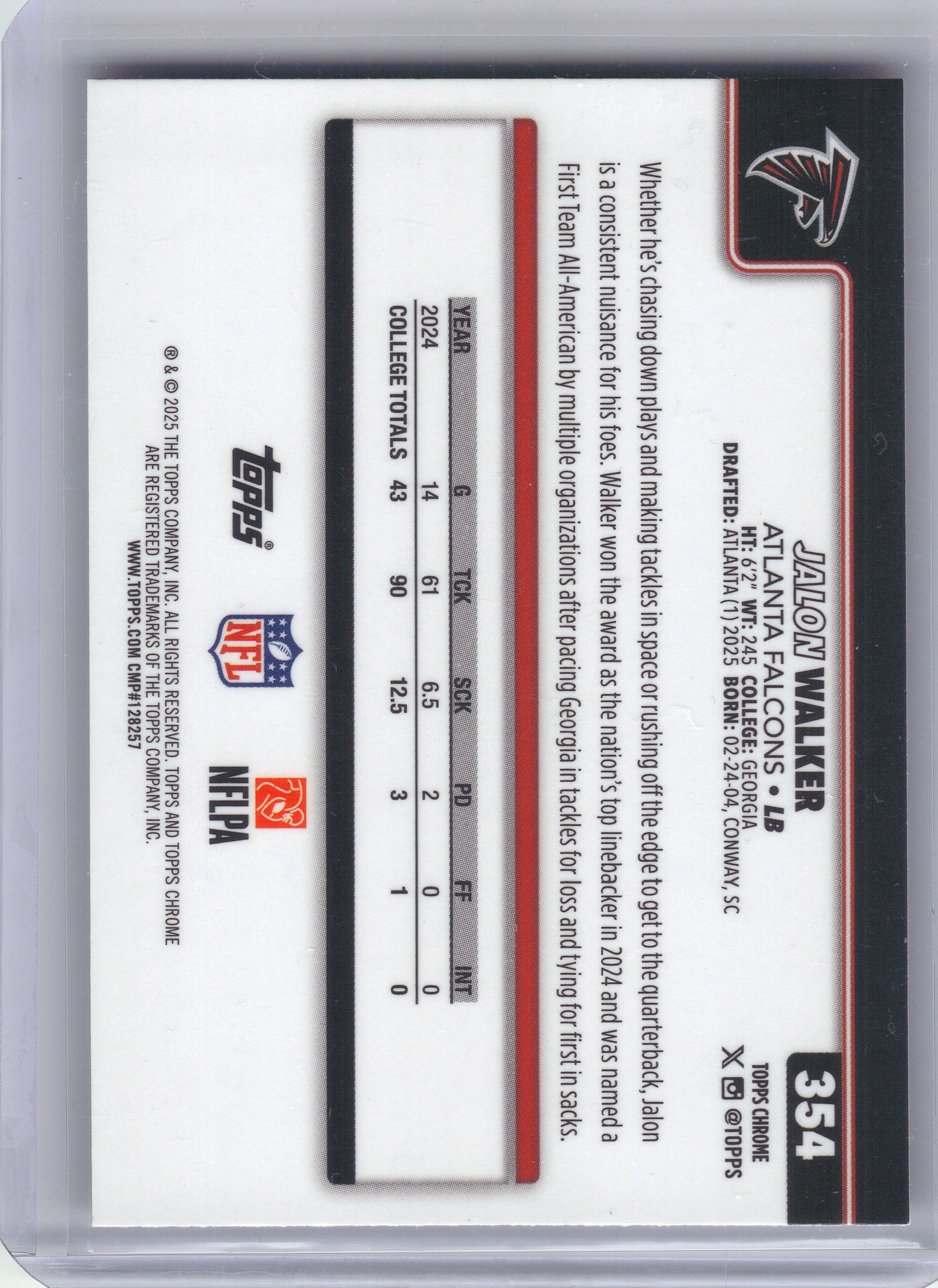 2025 Topps Chrome #354 Jalon Walker Football Leather Refractor Atlanta Falcons RC