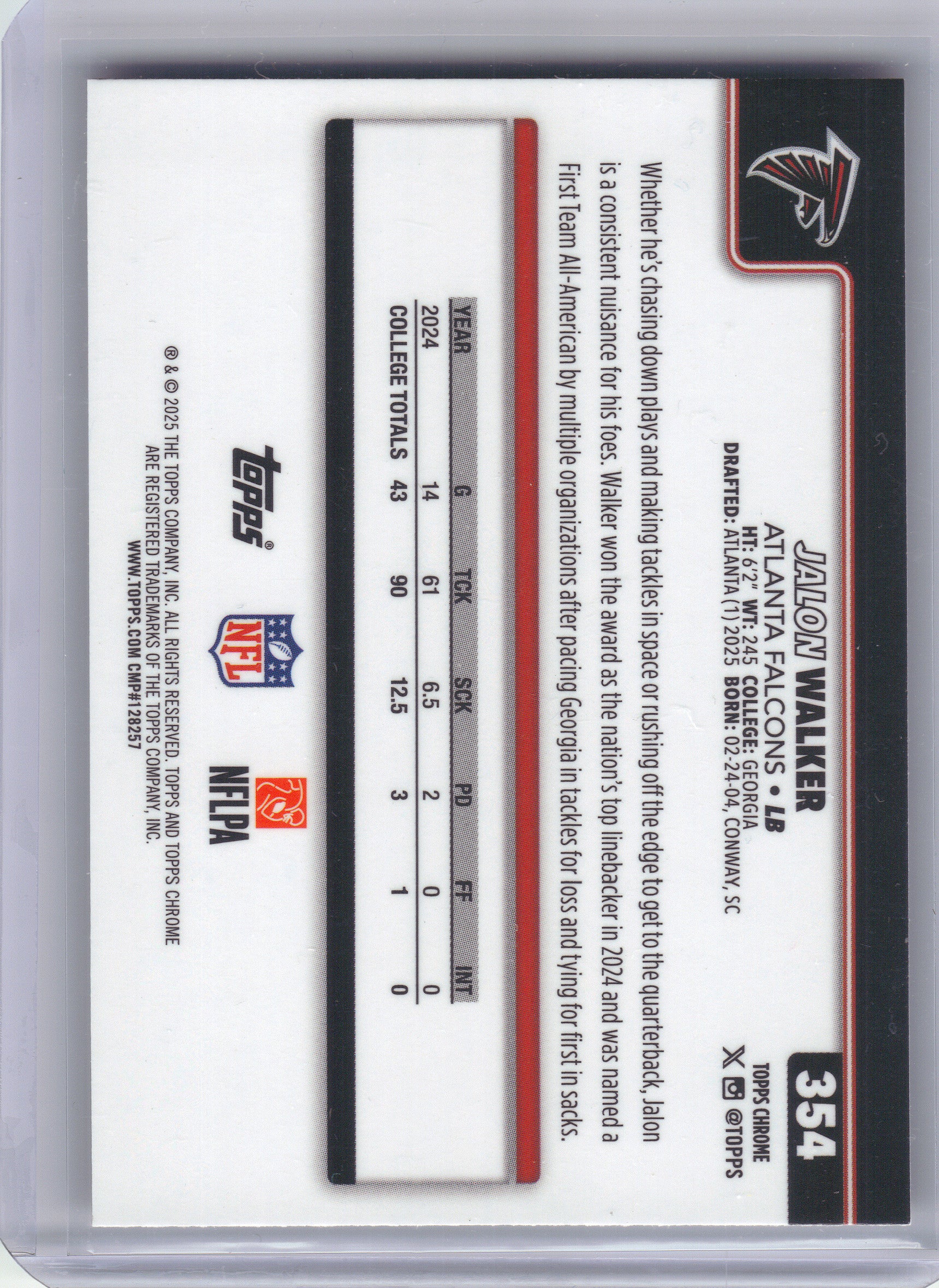 2025 Topps Chrome #354 Jalon Walker Football Leather Refractor Atlanta Falcons RC