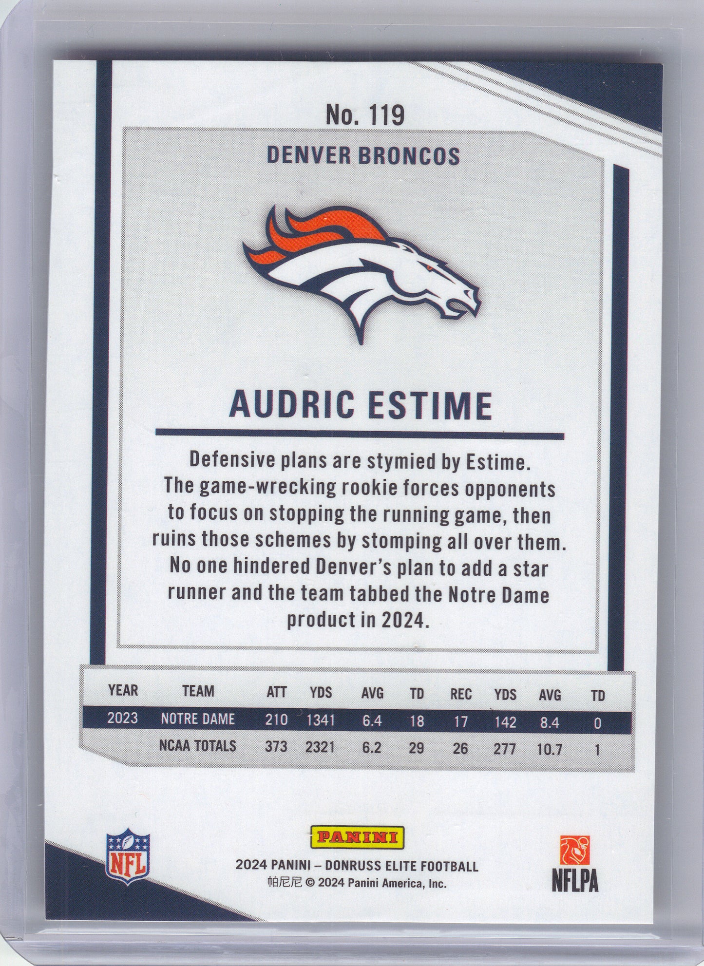 2024 Donruss Elite #119 Audric Estime Orange Color Match Denver Broncos SN, RC