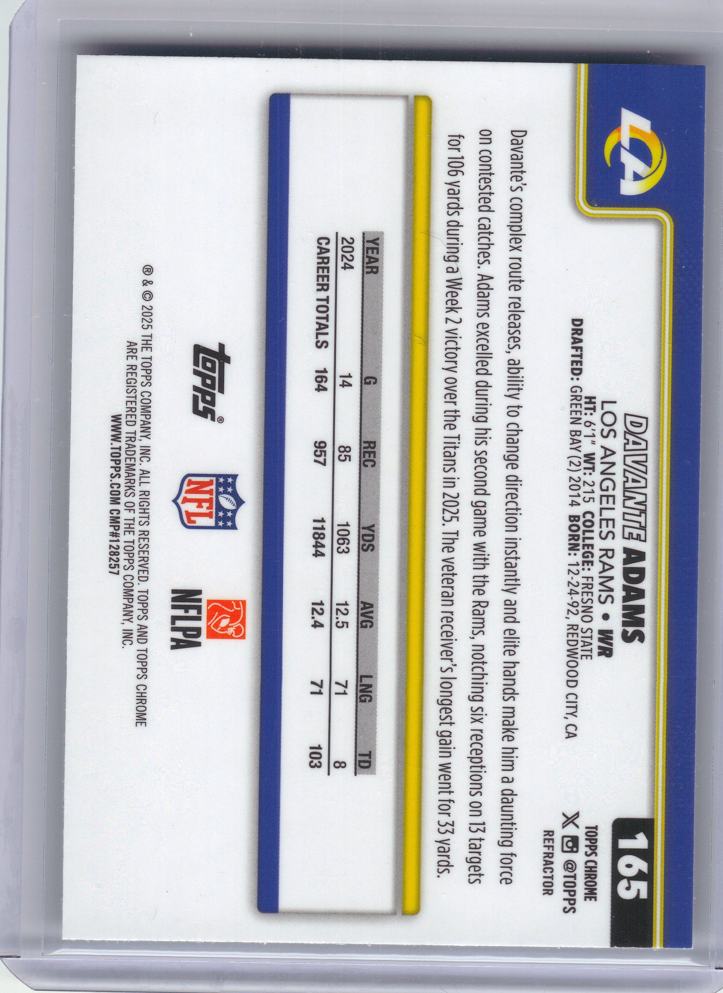2025 Topps Chrome #165 Davante Adams Refractor Los Angeles Rams