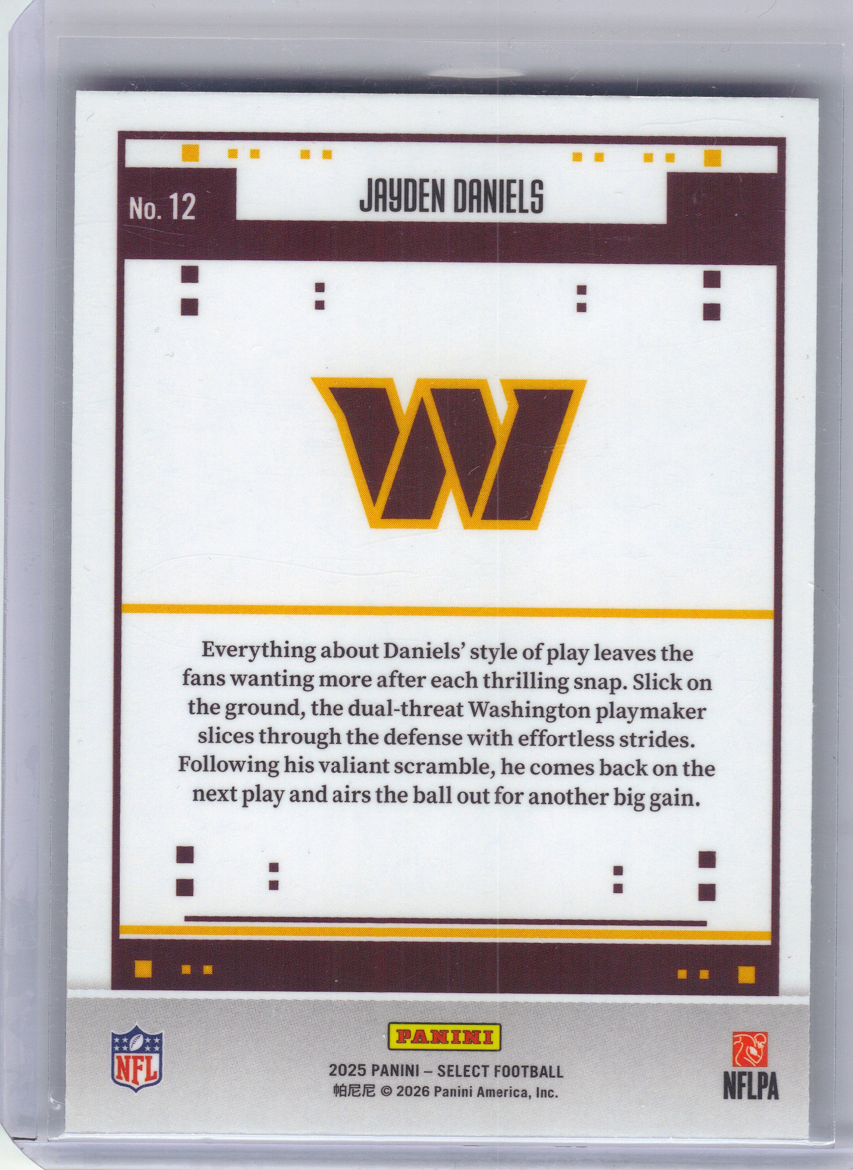 2025 Panini Select #12 Jayden Daniels Score Select Throwback Washington Commanders