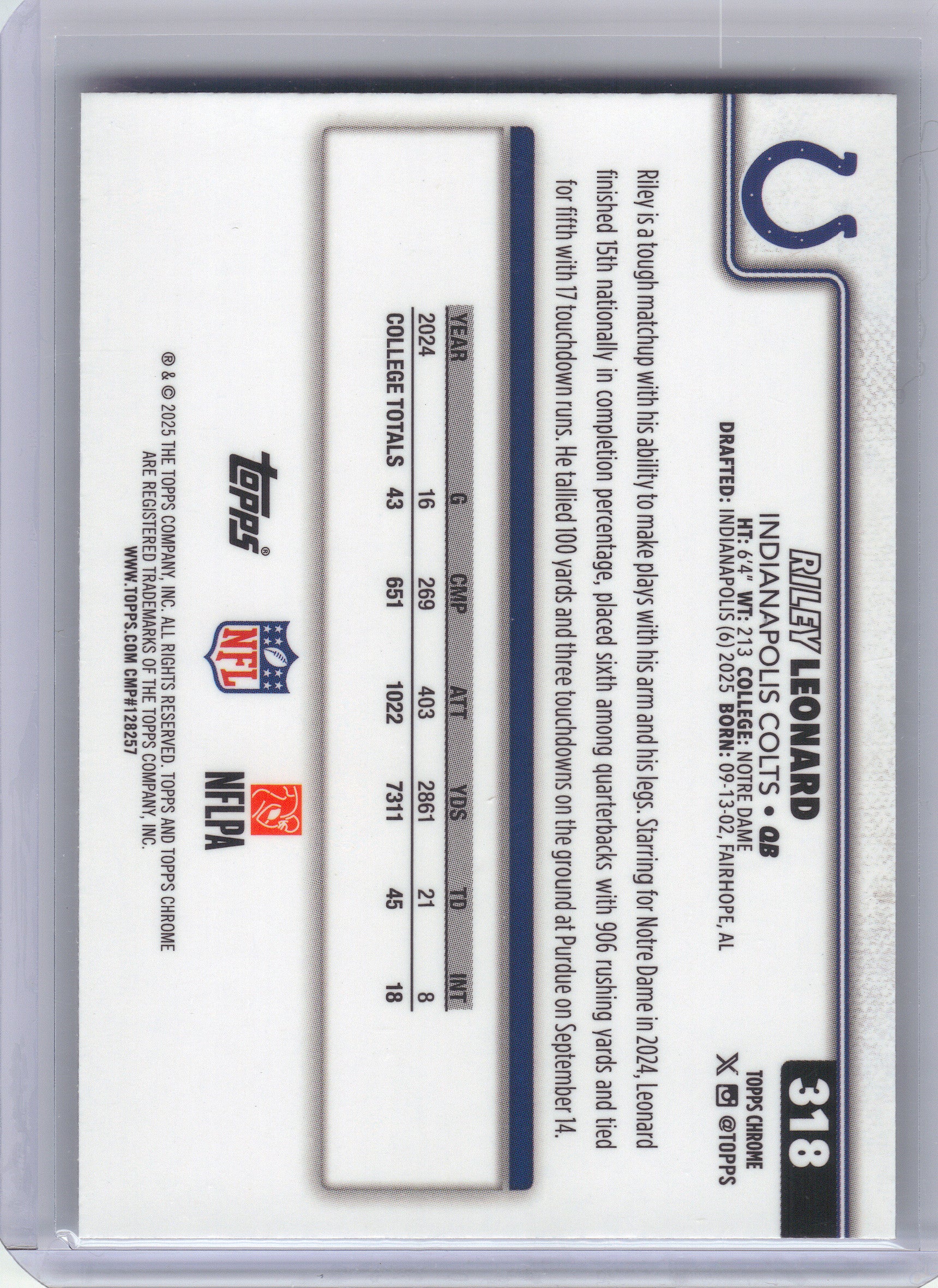2025 Topps Chrome #318 Riley Leonard X-Fractor Indianapolis Colts RC