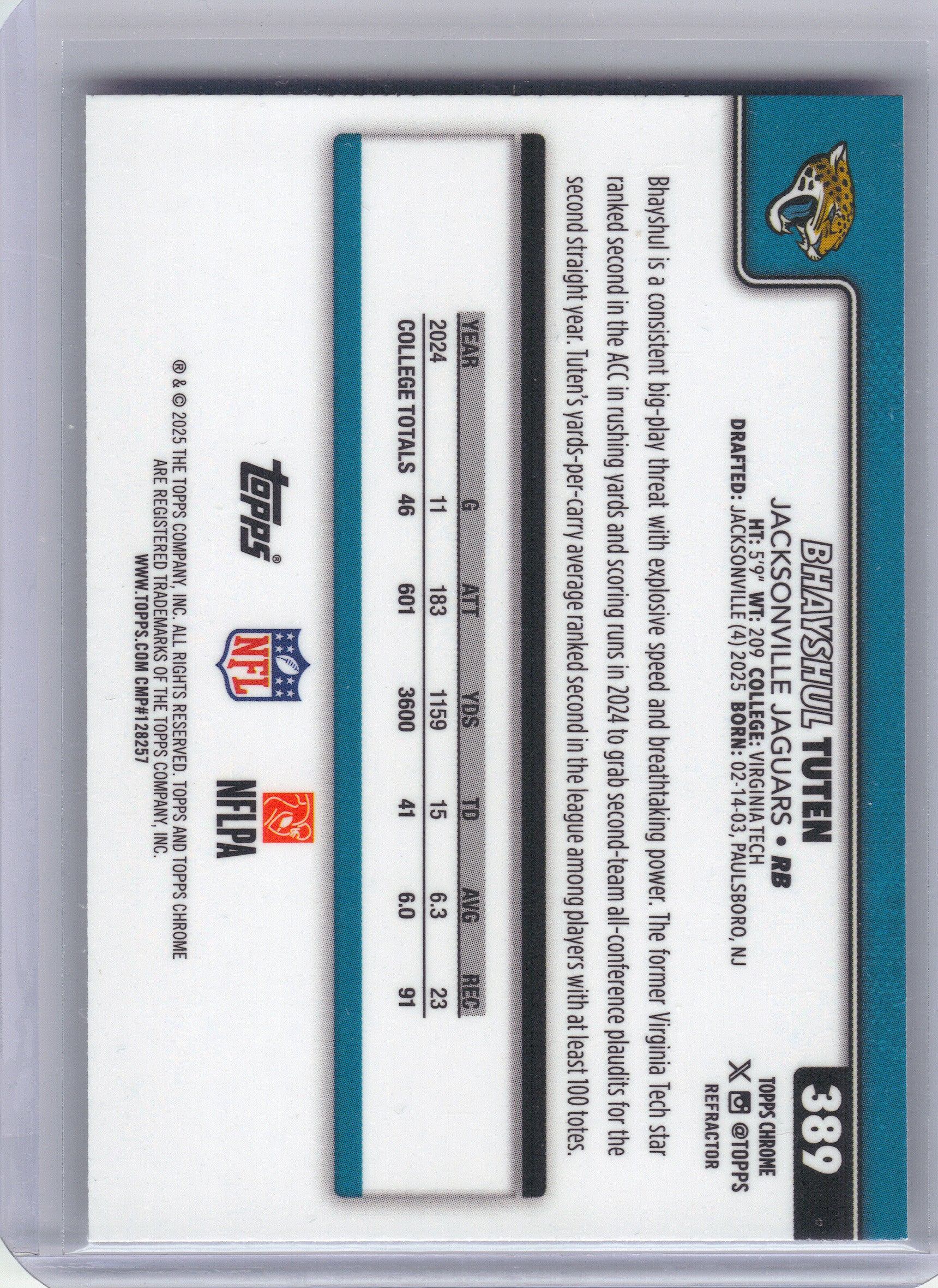2025 Topps Chrome #389 Bhayshul Tuten Refractor Jacksonville Jaguars RC