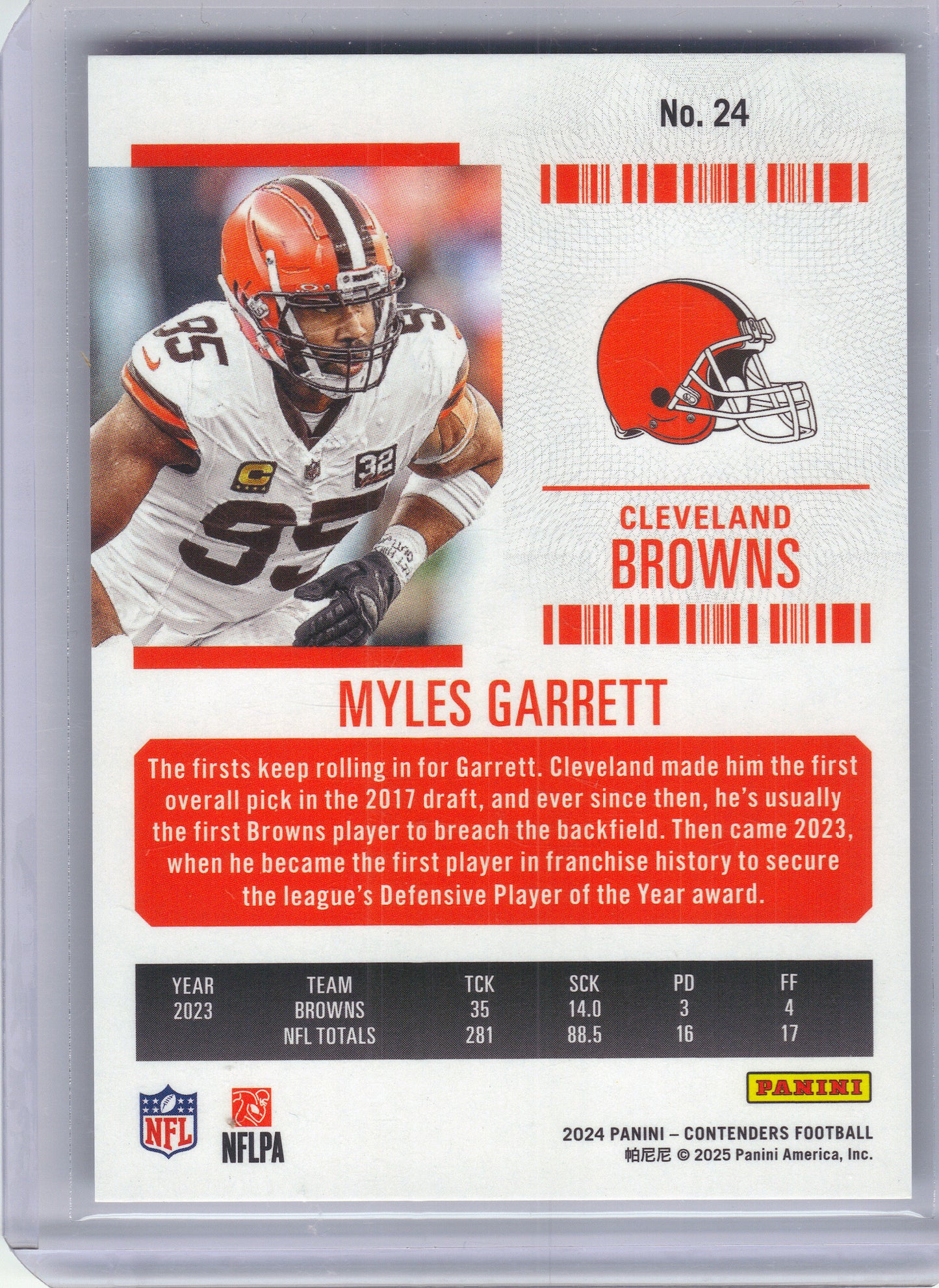 2024 Panini Contenders #24 Myles Garrett Conference Ticket #/99 Cleveland Browns SN