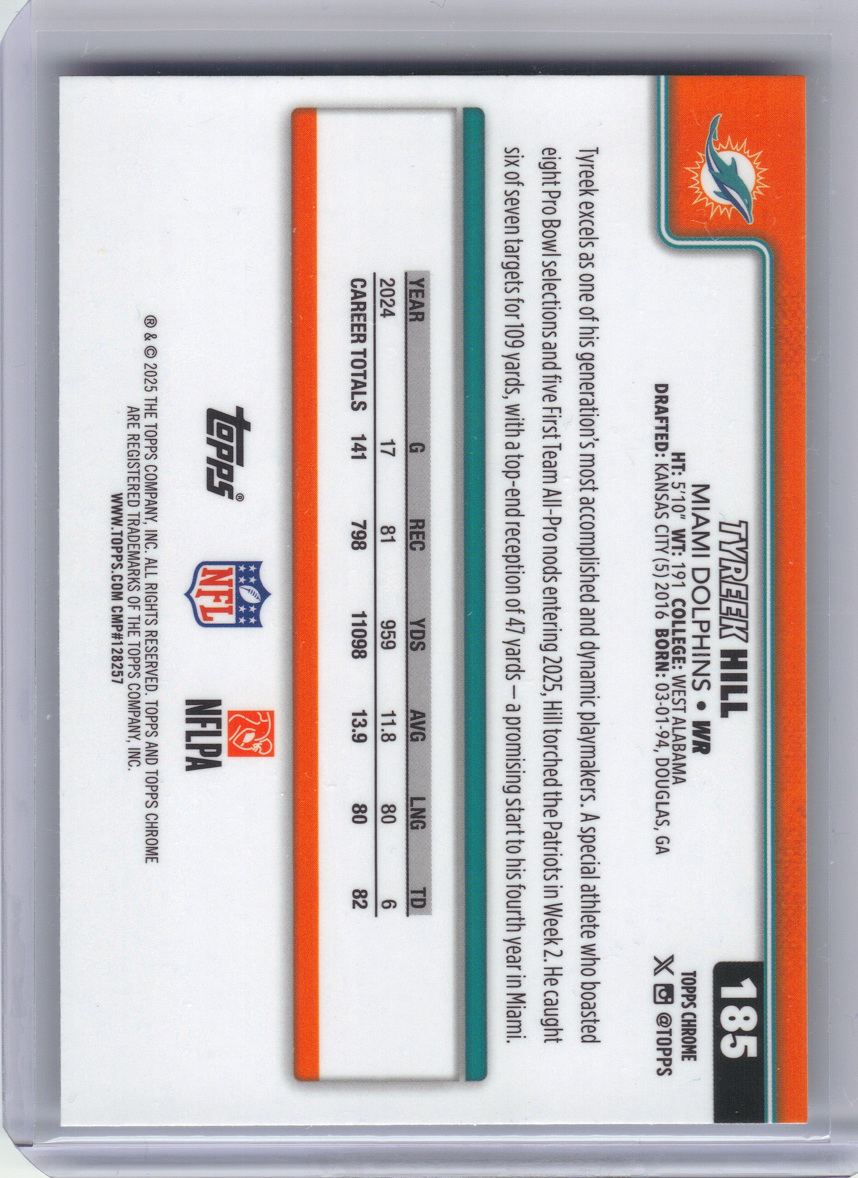 2025 Topps Chrome #185 Tyreek Hill Ray Wave Refractor Miami Dolphins