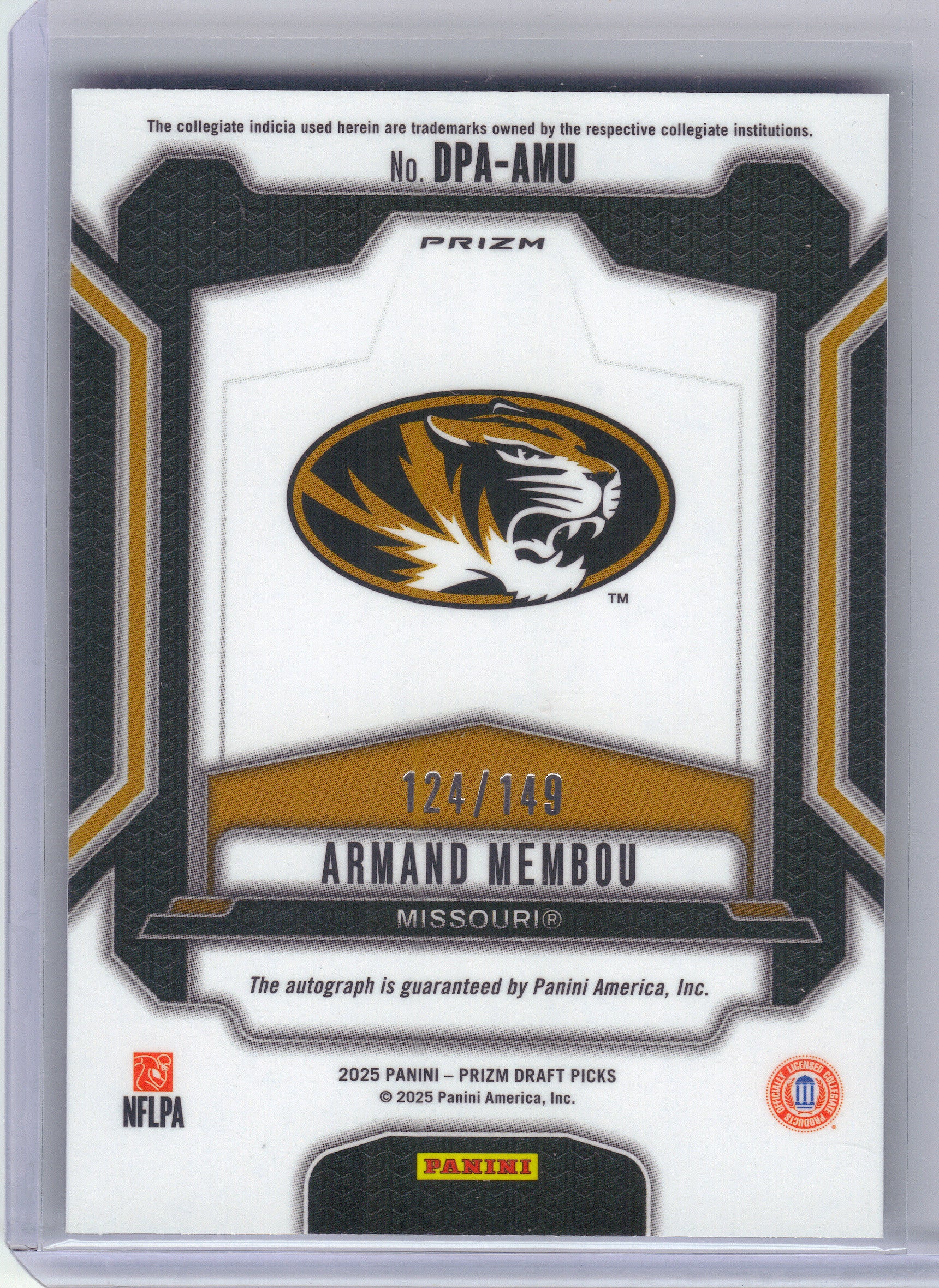 2025 Panini Prizm Draft Picks #DPA-AMU Armand Membou Draft Picks Autographs Blue Ice #/149 Missouri Tigers SN, AU