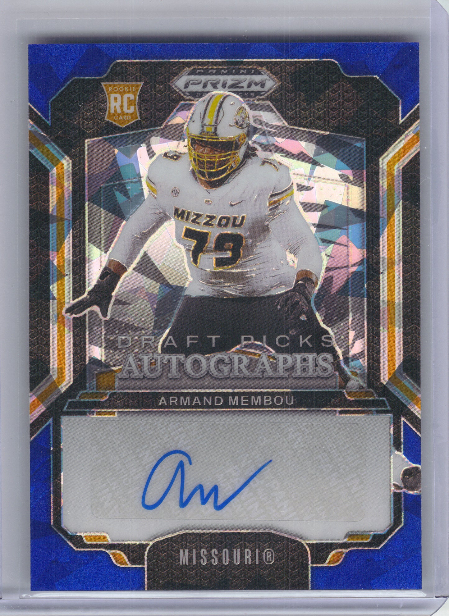 2025 Panini Prizm Draft Picks #DPA-AMU Armand Membou Draft Picks Autographs Blue Ice #/149 Missouri Tigers SN, AU