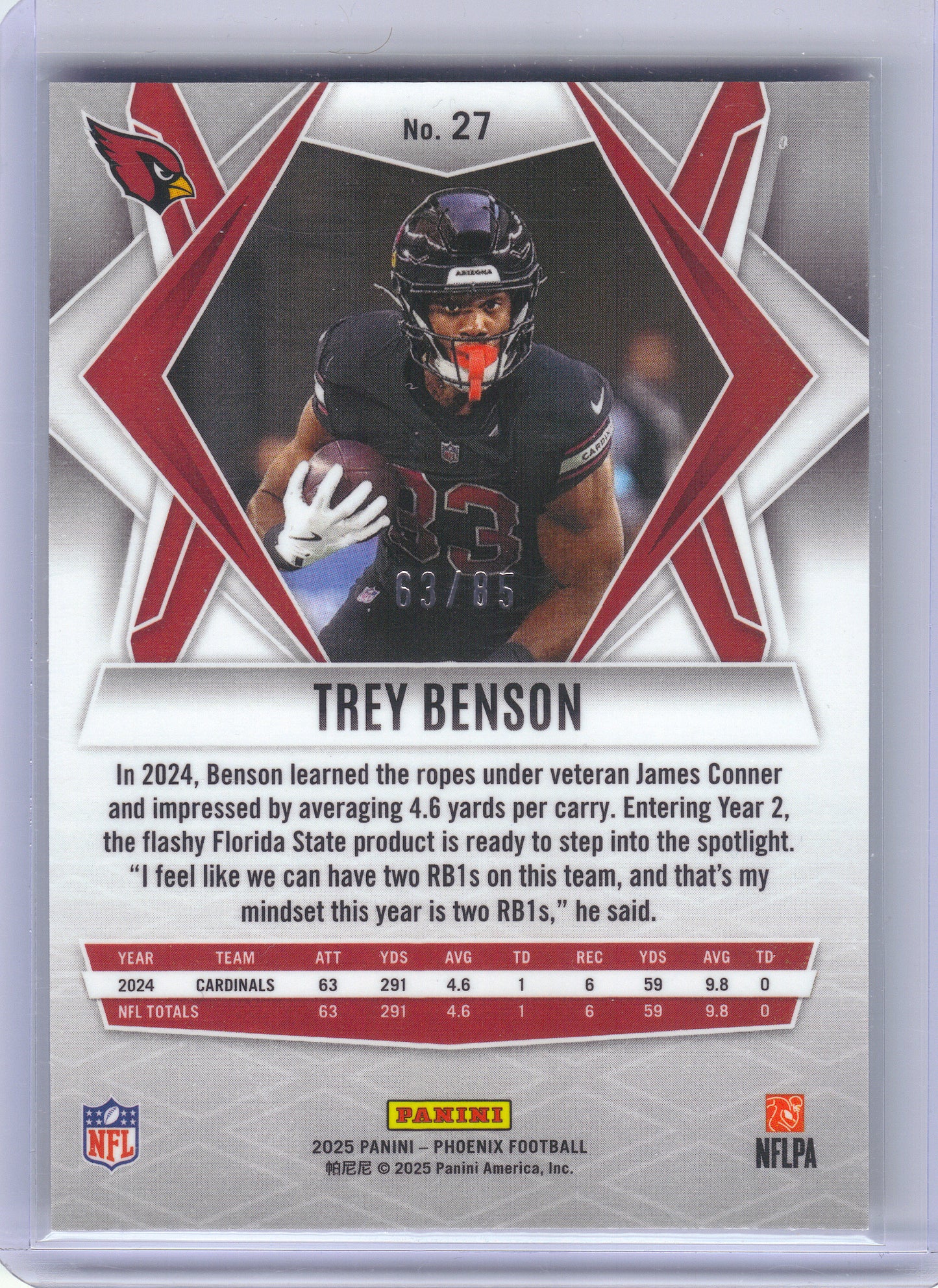 2025 Panini Phoenix #27 Trey Benson Light Blue Mojo Prizm #/85 Arizona Cardinals SN