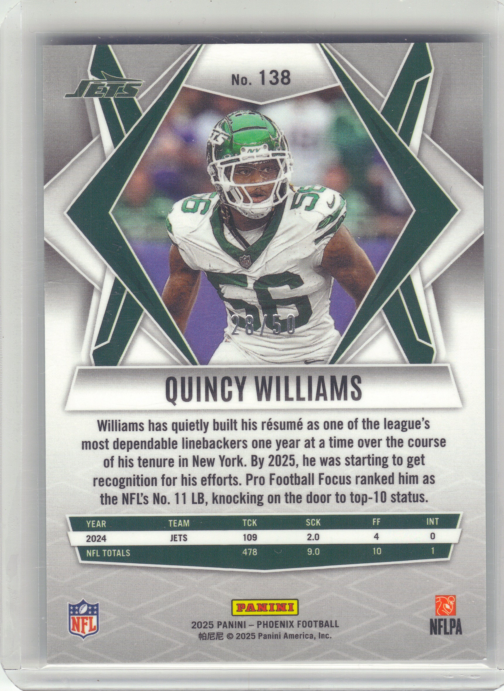 2025 Panini Phoenix #138 Quincy Williams Teal Mojo Prizm #/50 New York Jets SN