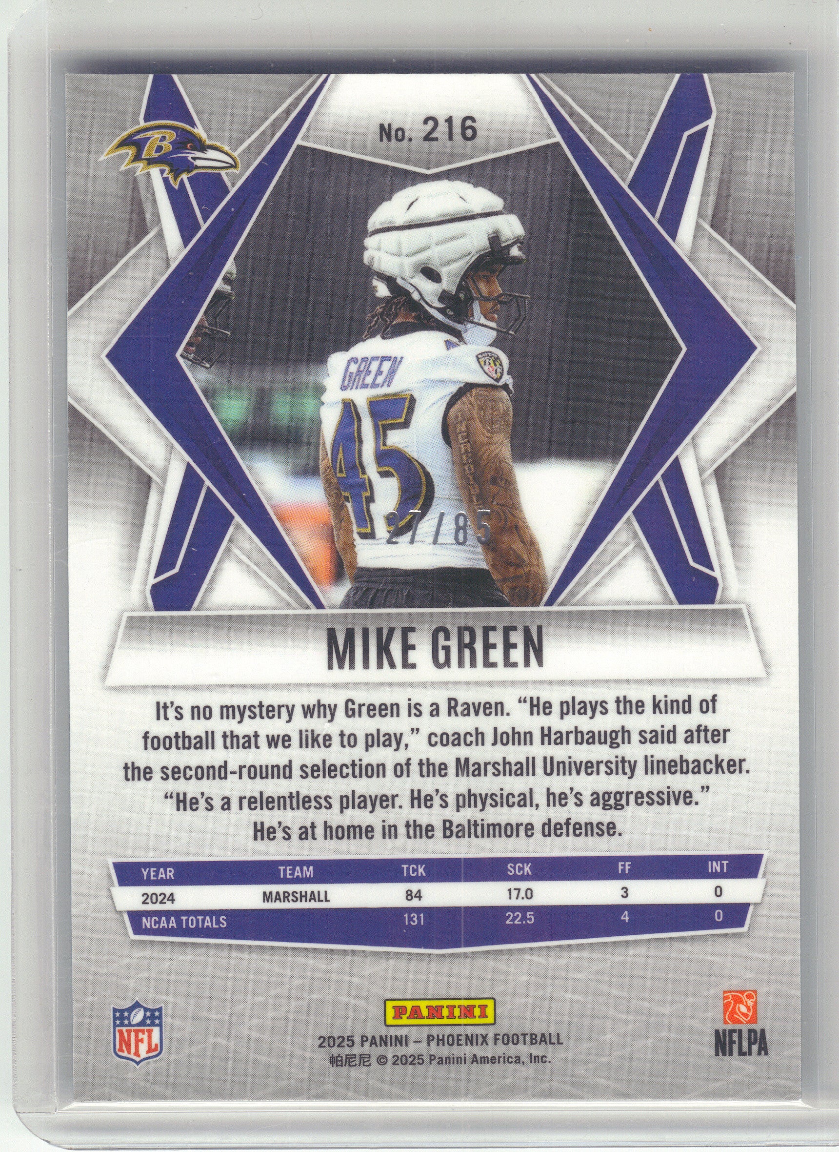 2025 Panini Phoenix #216 Mike Green Light Blue Mojo Prizm #/85 Baltimore Ravens SN,RC