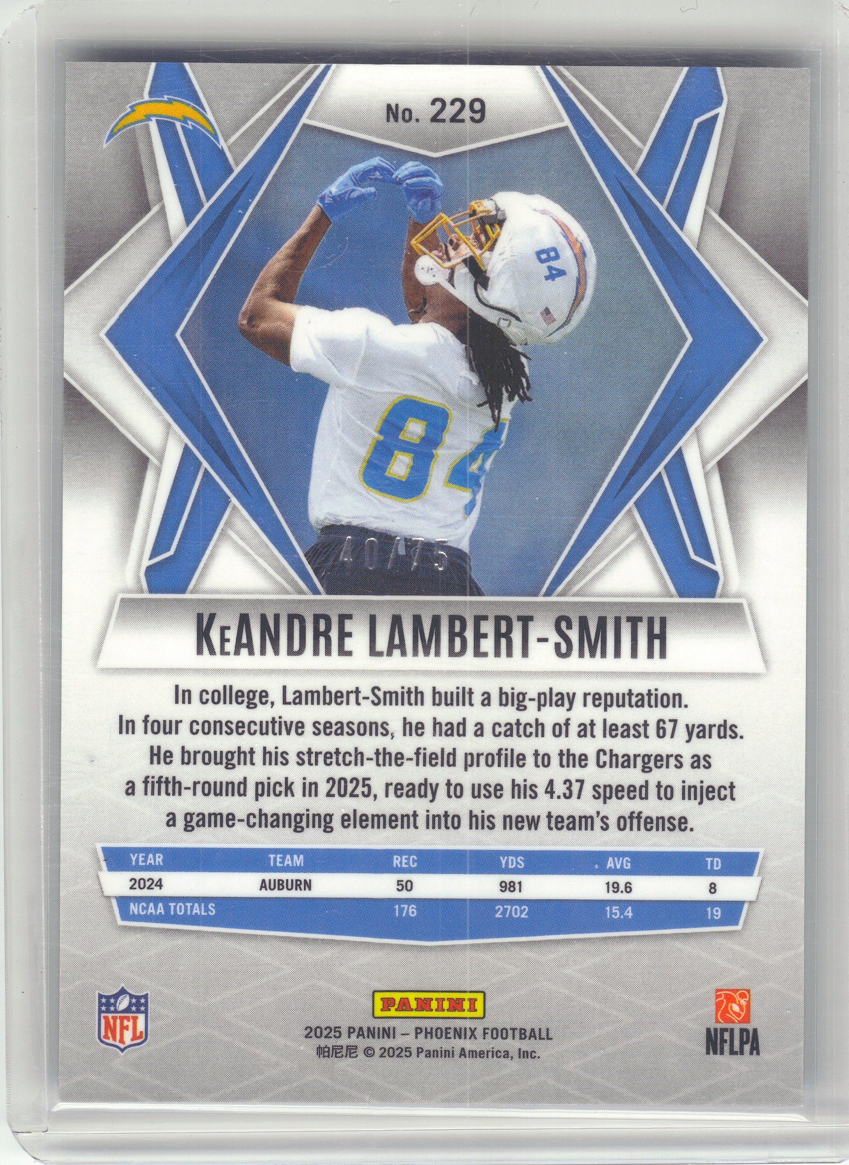 2025 Panini Phoenix #229 KeAndre Lambert-Smith Lime Green Mojo Prizm #/75 Los Angeles Chargers SN,RC