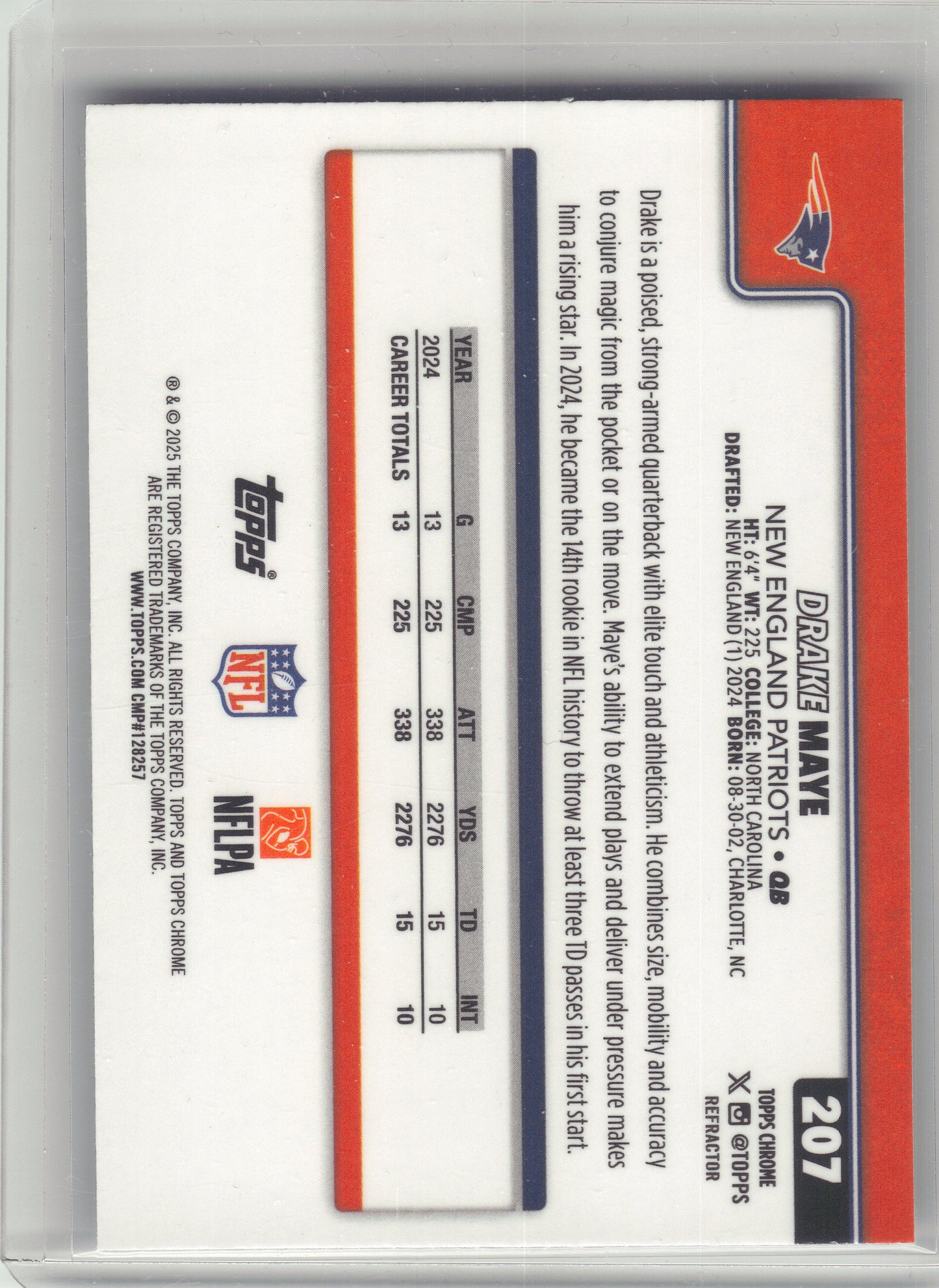 2025 Topps Chrome #207 Drake Maye Refractor New England Patriots