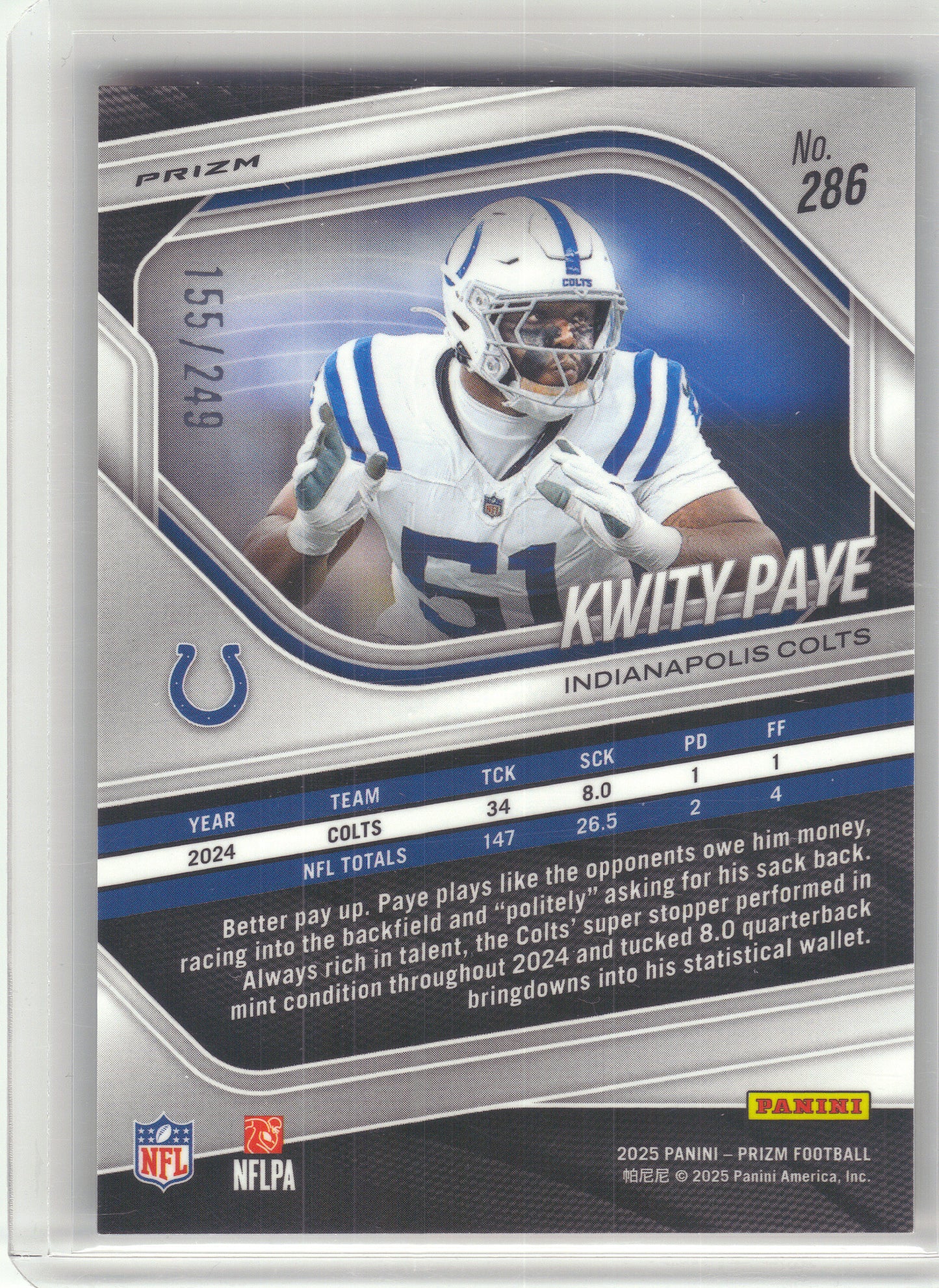 2025 Panini Prizm #286 Kwity Paye Orange #/249 Indianapolis Colts SN