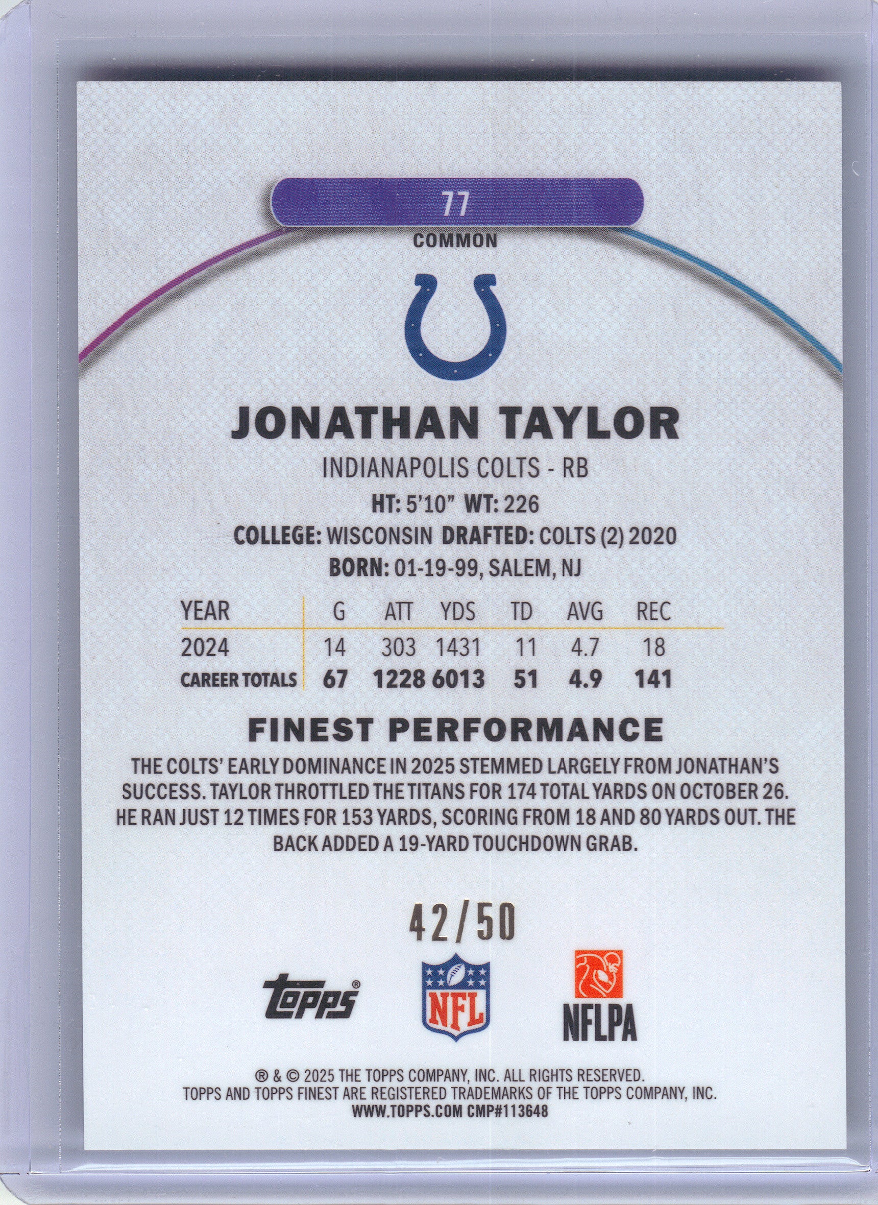 2025 Finest #77 Jonathan Taylor Gold Refractor #/50 Indianapolis Colts SN
