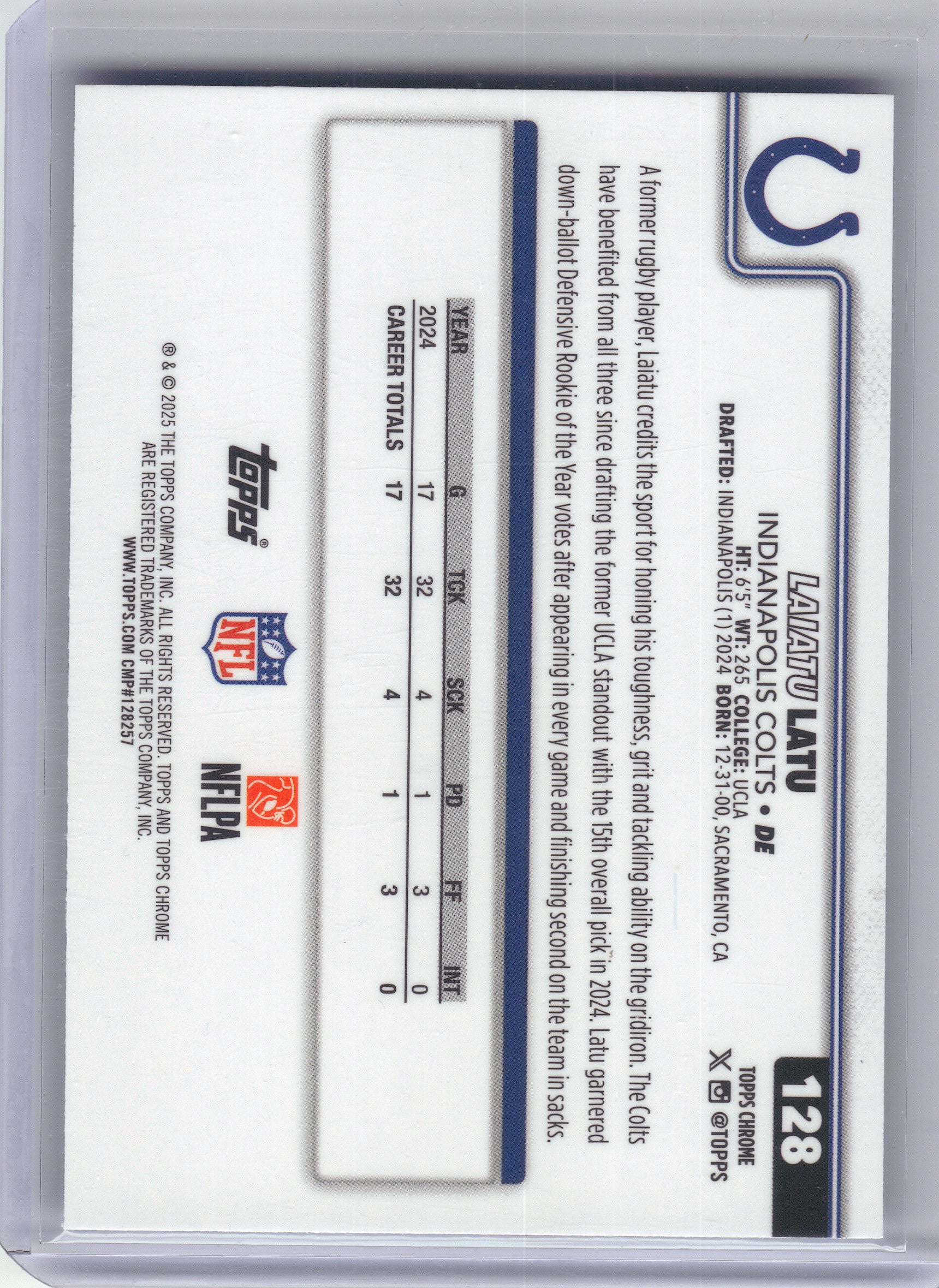 2025 Topps Chrome #128 Laiatu Latu Blue Wave Refractor #/150 Indianapolis Colts SN