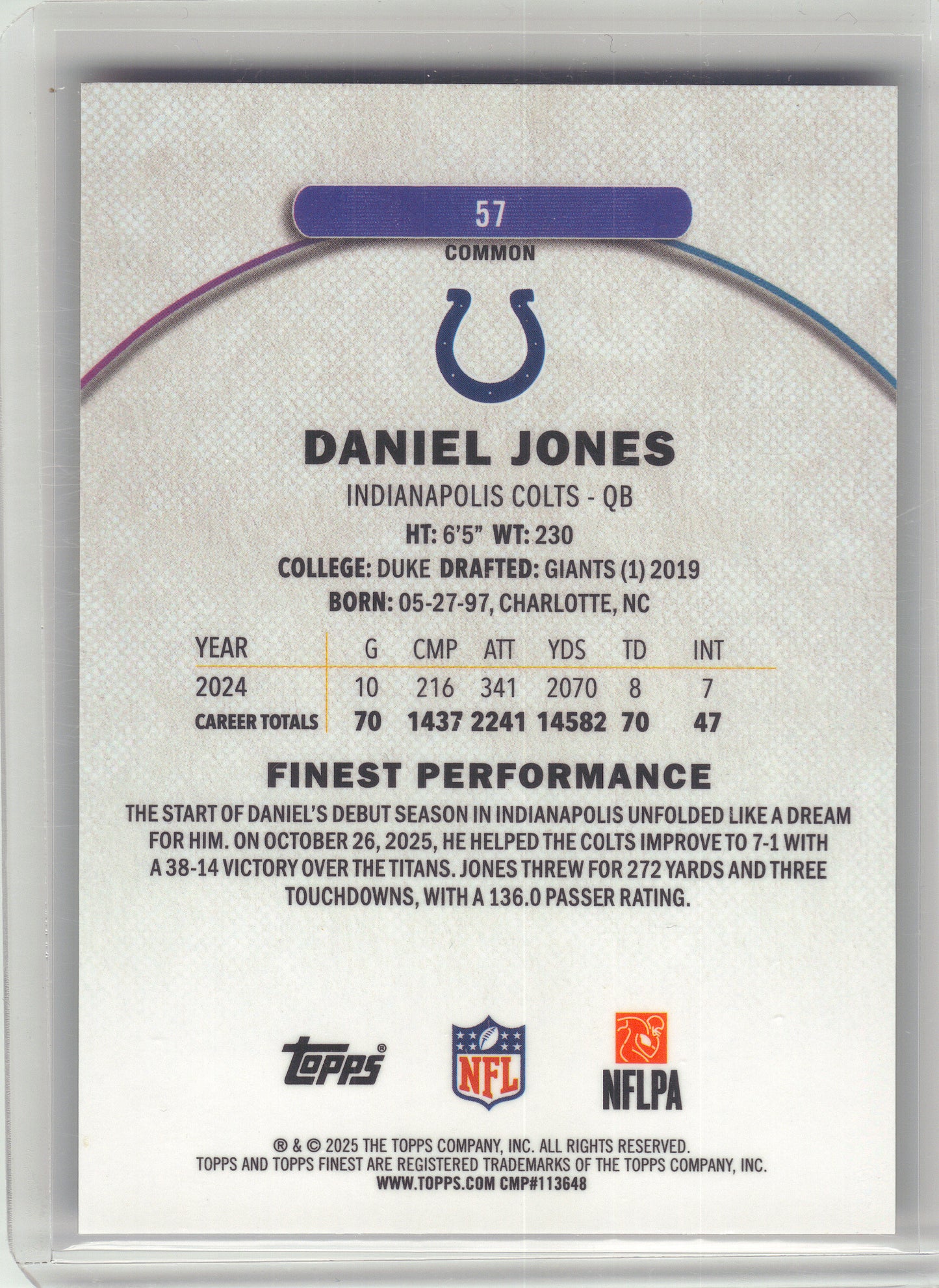 2025 Finest #57 Daniel Jones Red Refractor #/10 Indianapolis Colts SN