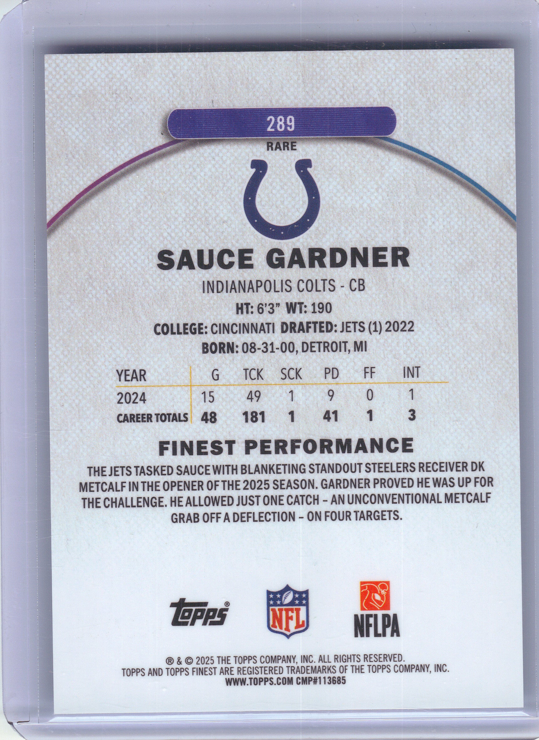 2025 Finest #289 Sauce Gardner Sky Blue Refractor #/150 New York Jets SN