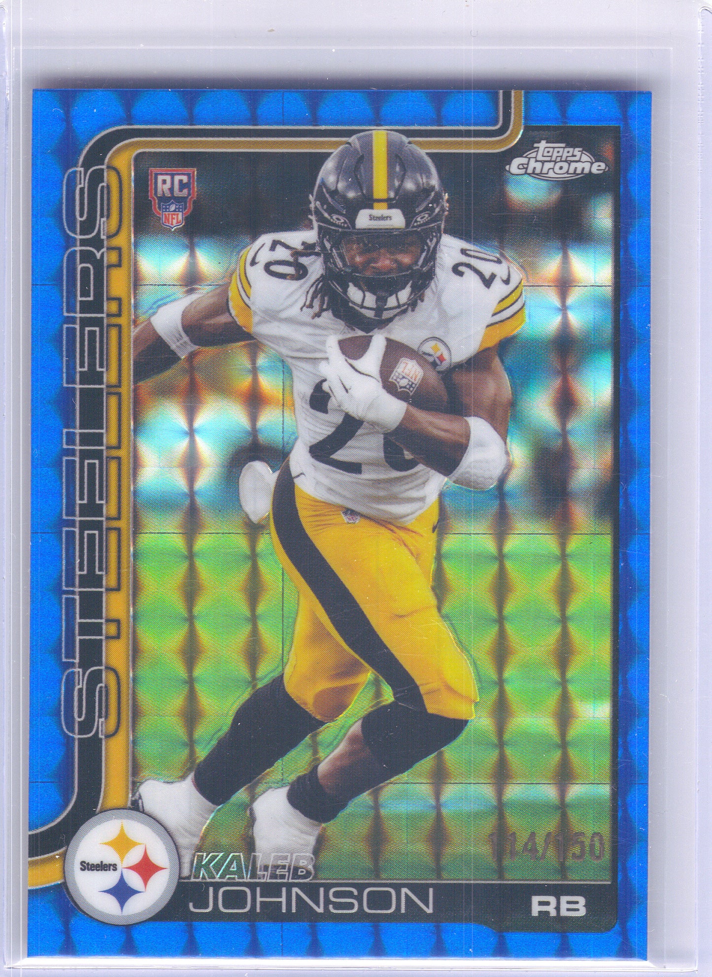 2025 Topps Chrome #323 Kaleb Johnson Blue Geometric Refractor #/150 Pittsburgh Steelers SN,RC