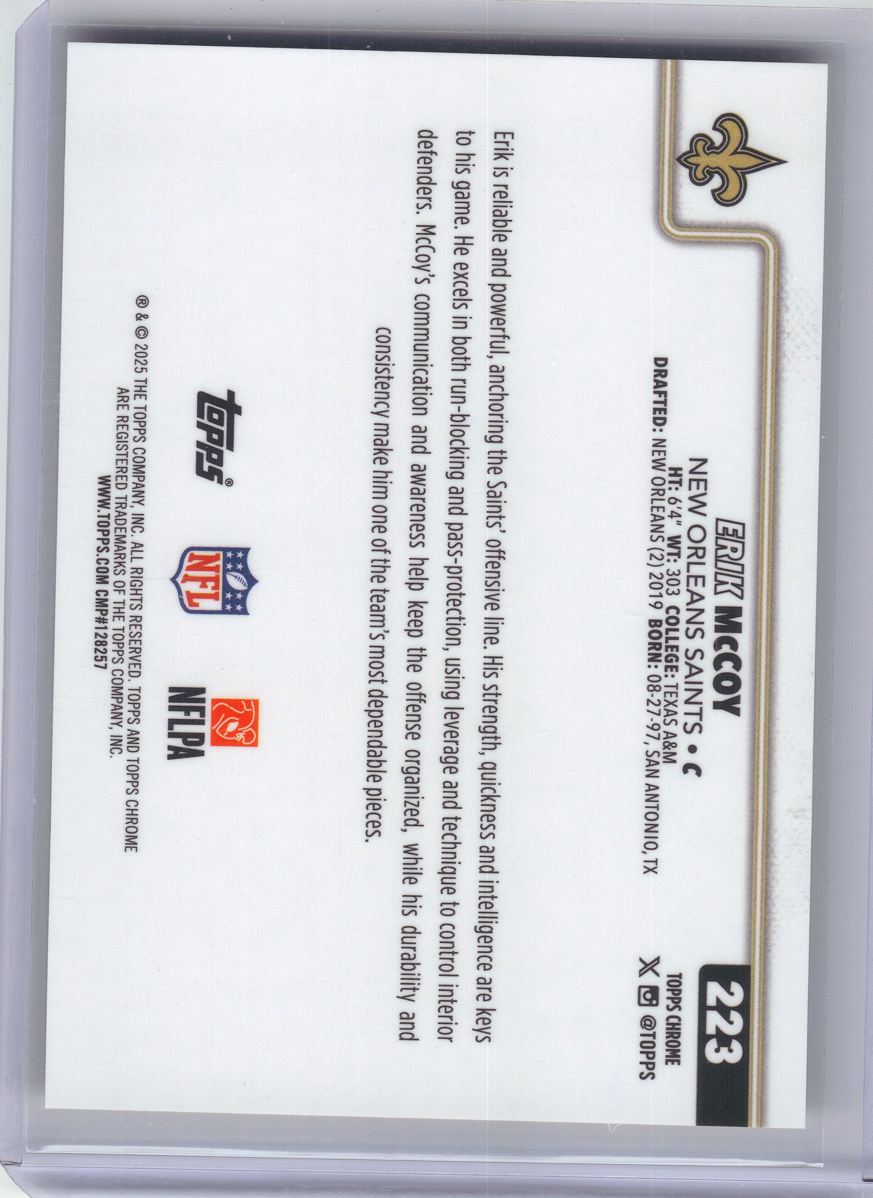 2025 Topps Chrome #223 Erik McCoy Yellow Wave Refractor #/275 New Orleans Saints SN