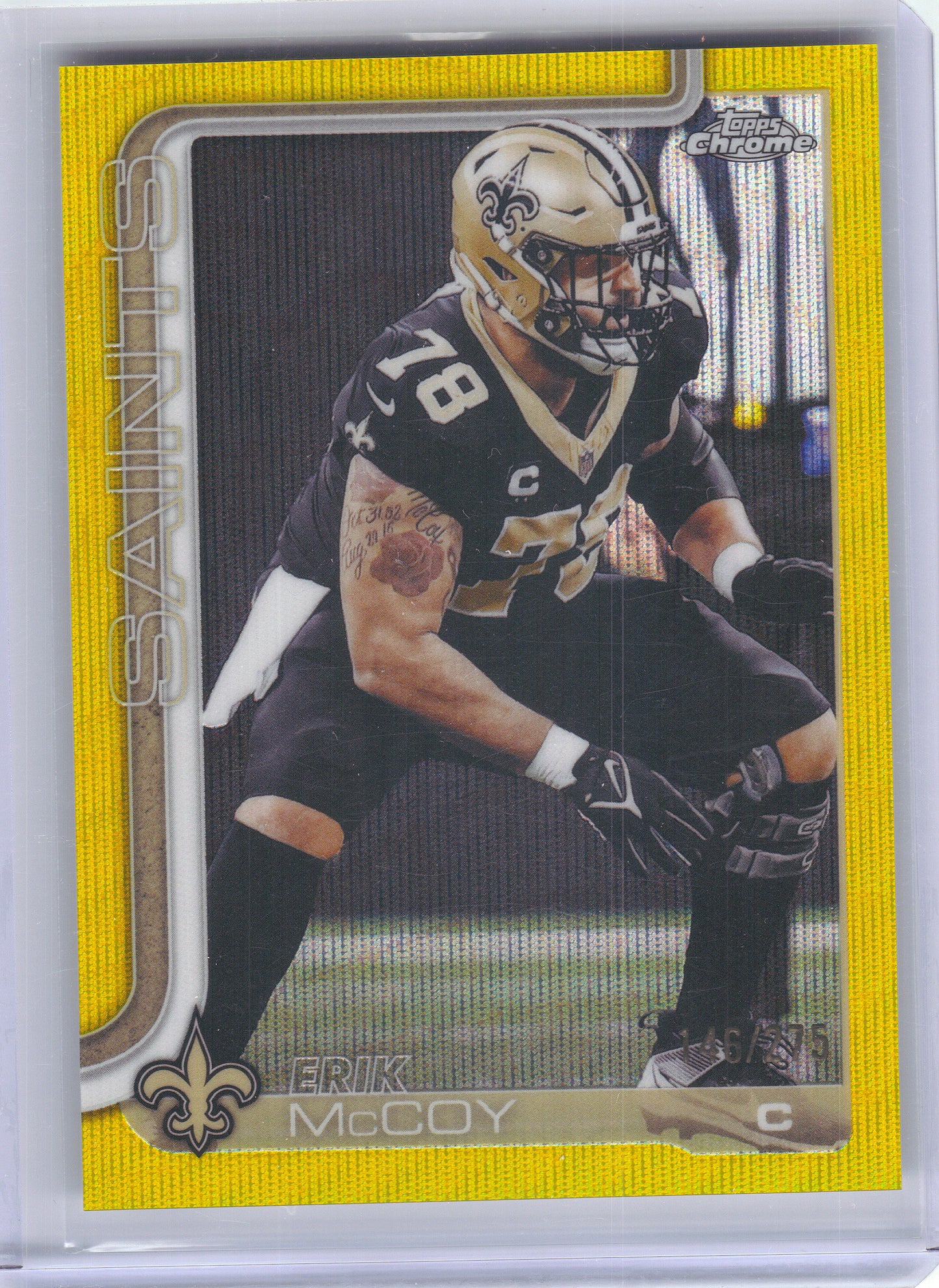 2025 Topps Chrome #223 Erik McCoy Yellow Wave Refractor #/275 New Orleans Saints SN