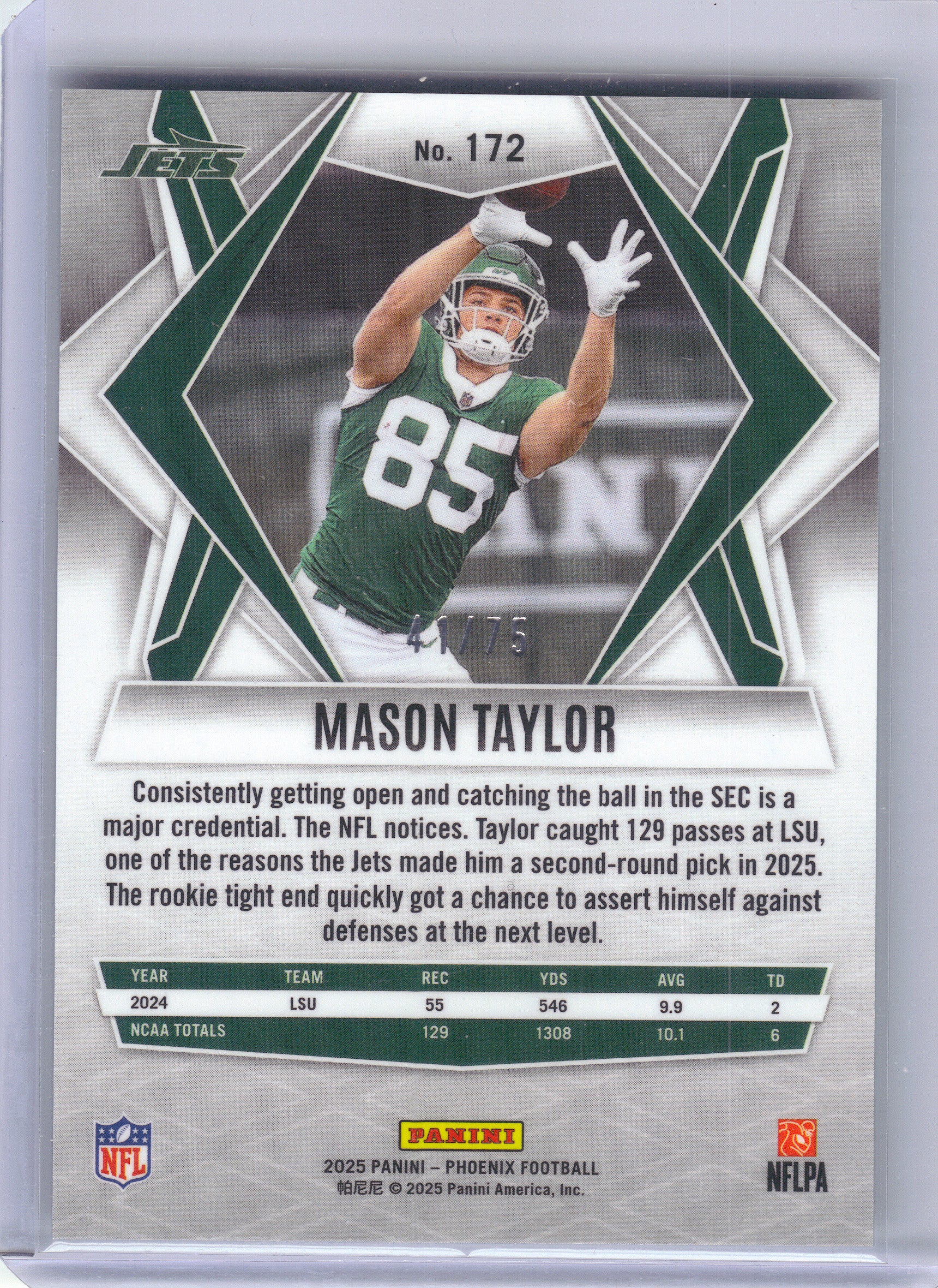 2025 Panini Phoenix #172 Mason Taylor Lime Green Mojo Prizm #/75 New York Jets SN,RC