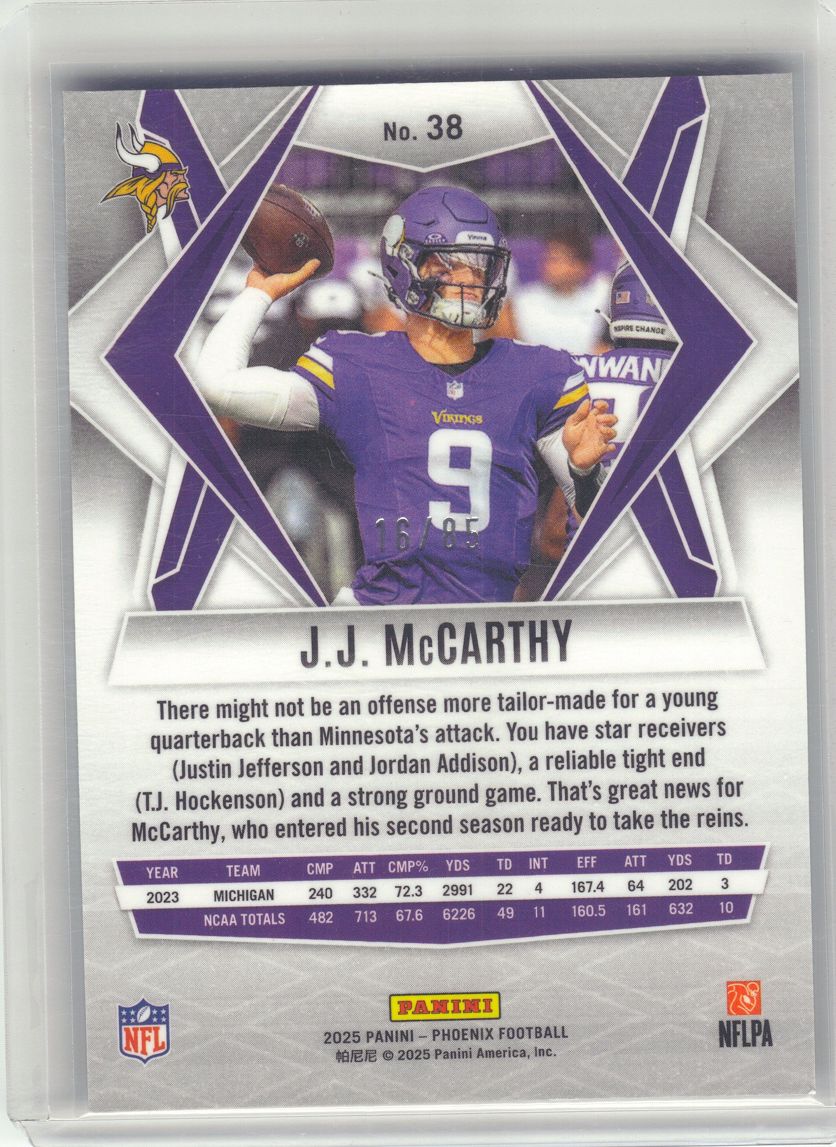 2025 Panini Phoenix #38 J.J. McCarthy Light Blue Mojo Prizm #/85 Minnesota Vikings SN