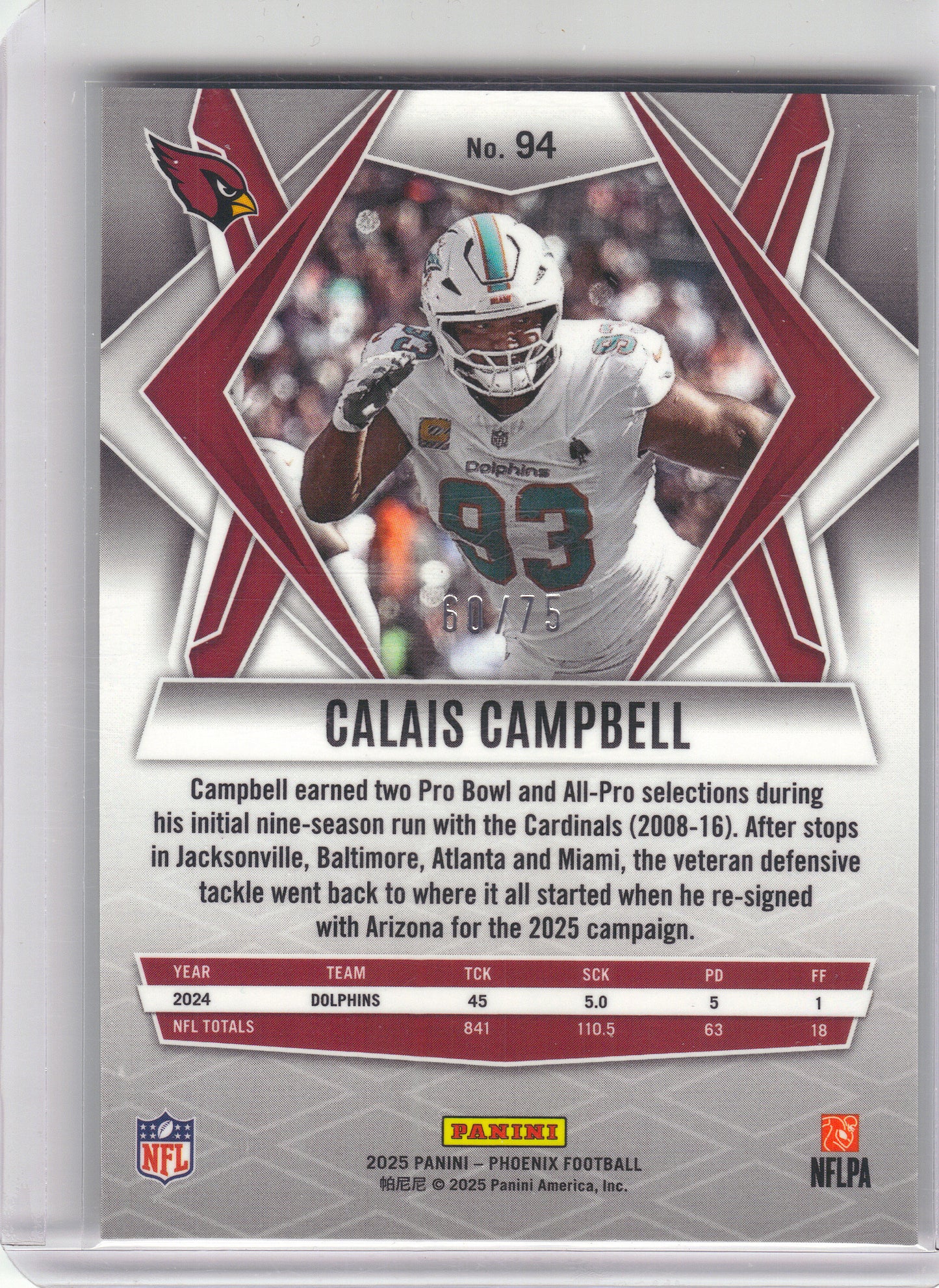 2025 Panini Phoenix #94 Calais Campbell Lime Green Mojo Prizm #/75 Arizona Cardinals SN