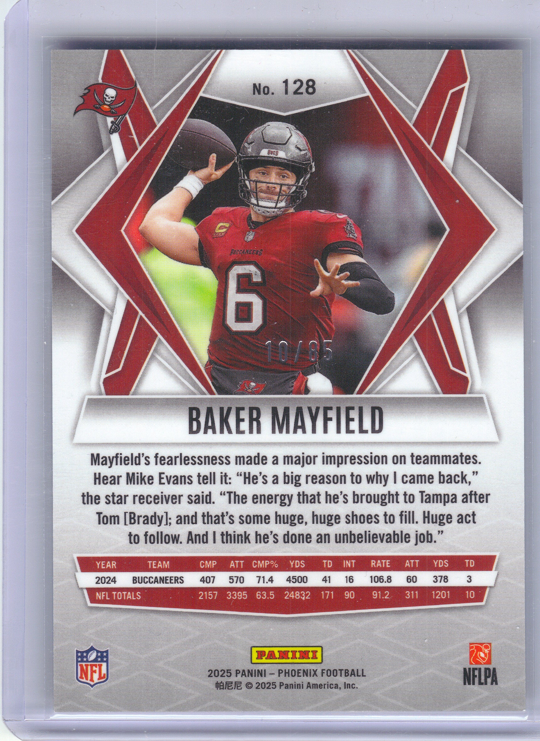 2025 Panini Phoenix #128 Baker Mayfield Light Blue Mojo Prizm #/85 Tampa Bay Buccaneers SN