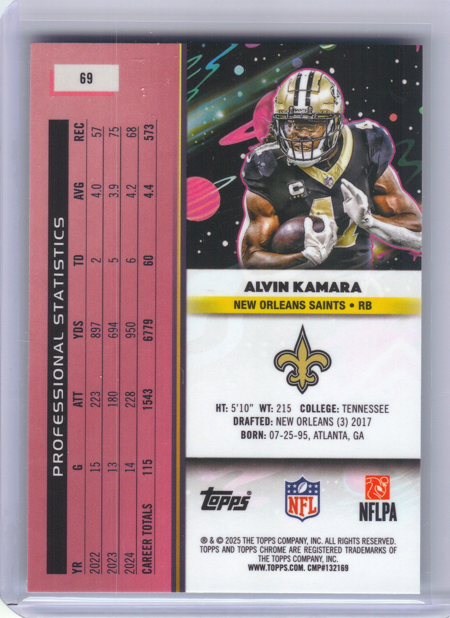 2025 Topps Chrome Cosmic #69 Alvin Kamara Aqua Equinox Refractor #/199 New Orleans Saints SN