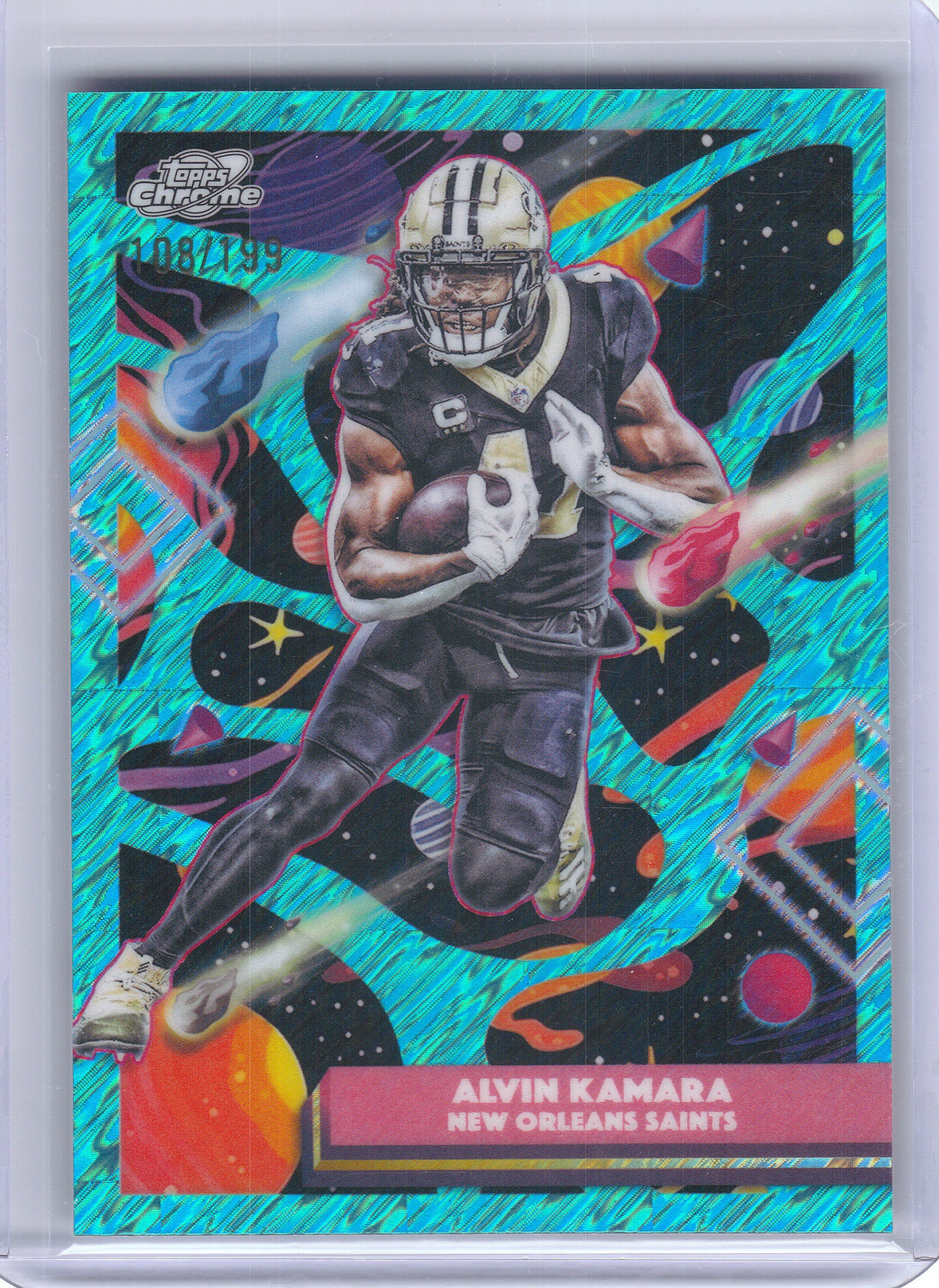 2025 Topps Chrome Cosmic #69 Alvin Kamara Aqua Equinox Refractor #/199 New Orleans Saints SN