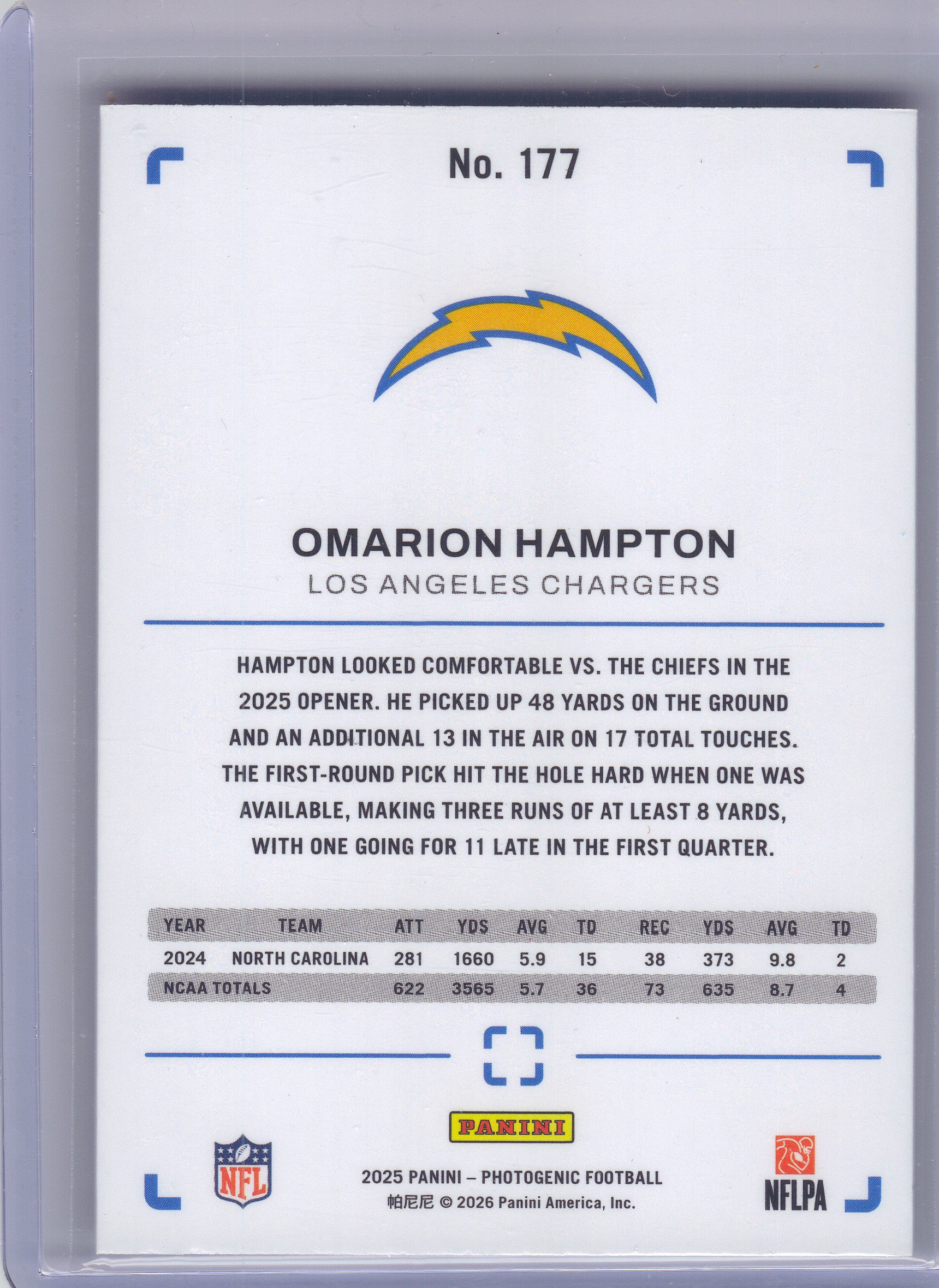 2025 Panini Photogenic #177 Omarion Hampton Teal #/35 Los Angeles Chargers SN,RC