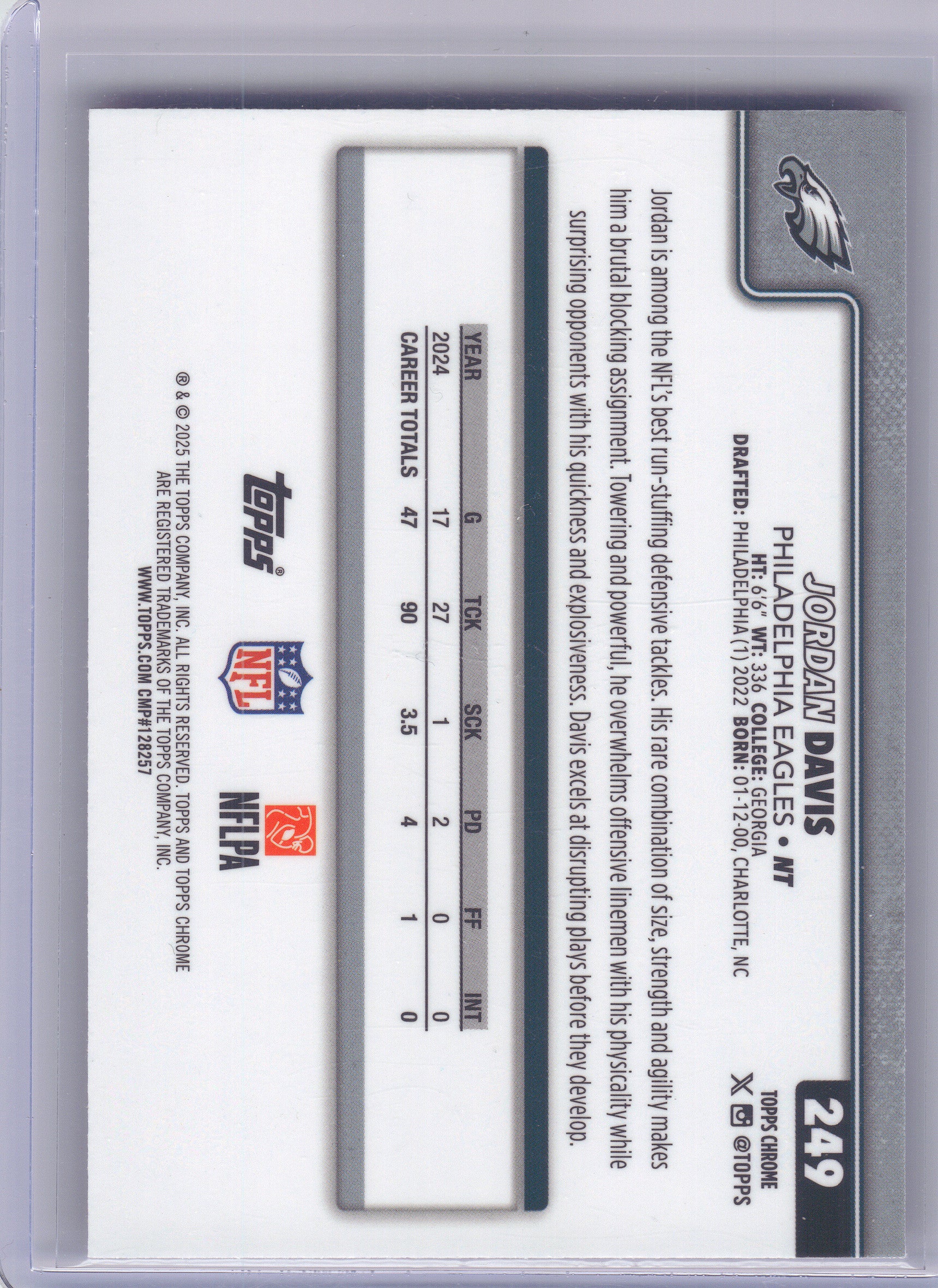 2025 Topps Chrome #249 Jordan Davis Pink Refractor #/250 Philadelphia Eagles SN