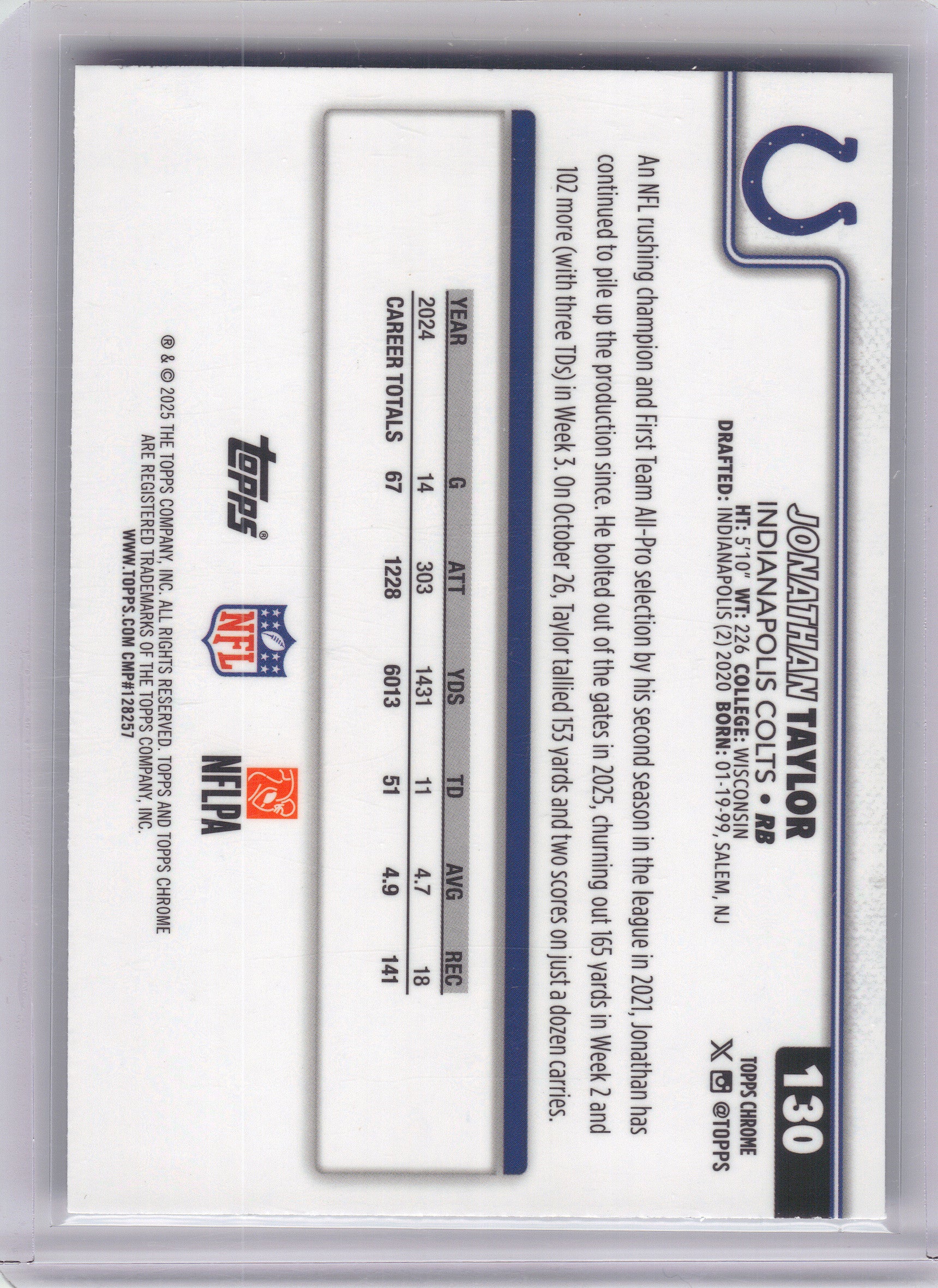 2025 Topps Chrome #130 Jonathan Taylor Purple Refractor #/75 Indianapolis Colts SN