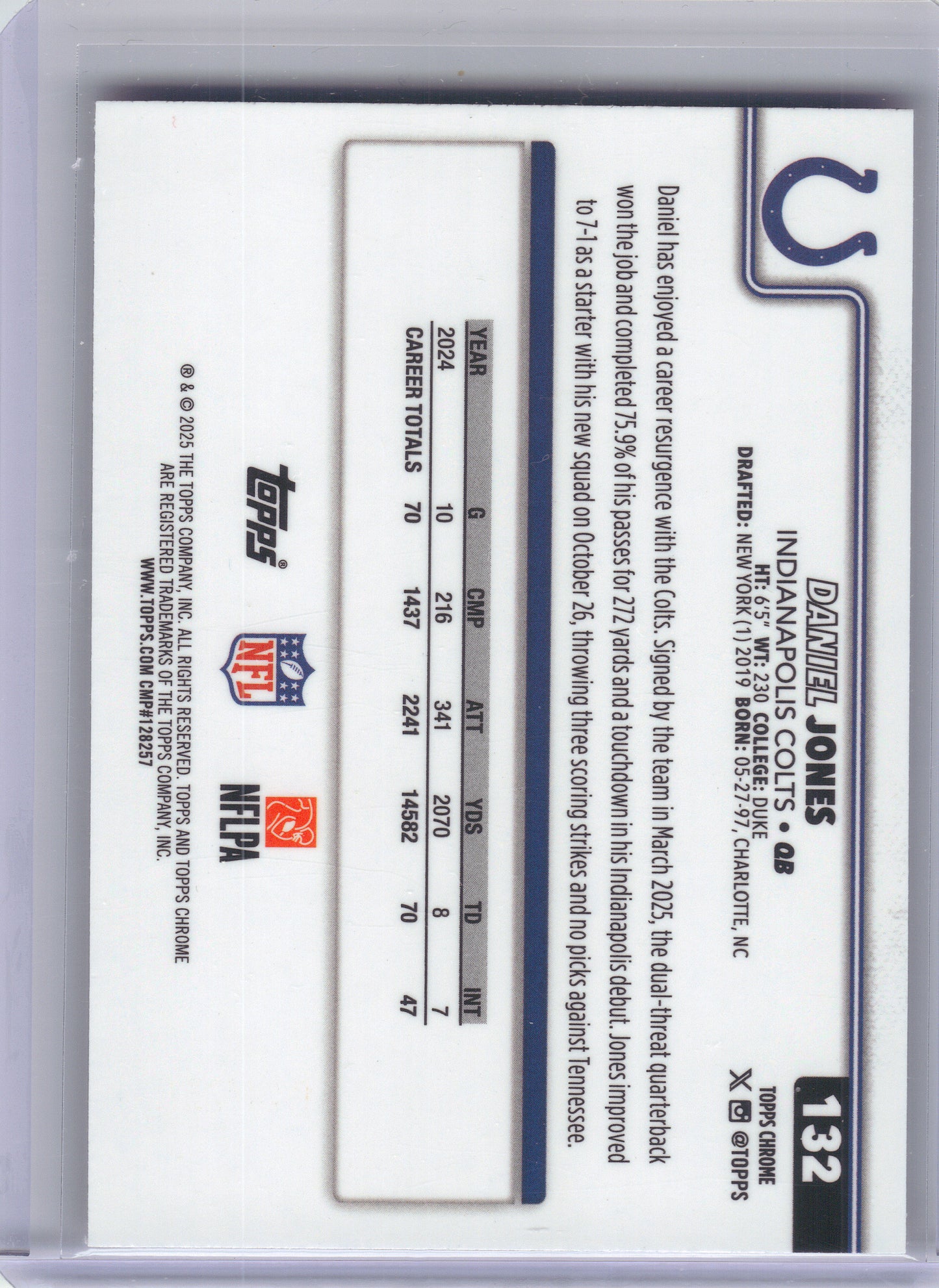 2025 Topps Chrome #132 Daniel Jones Pink Refractor #/250 Indianapolis Colts SN