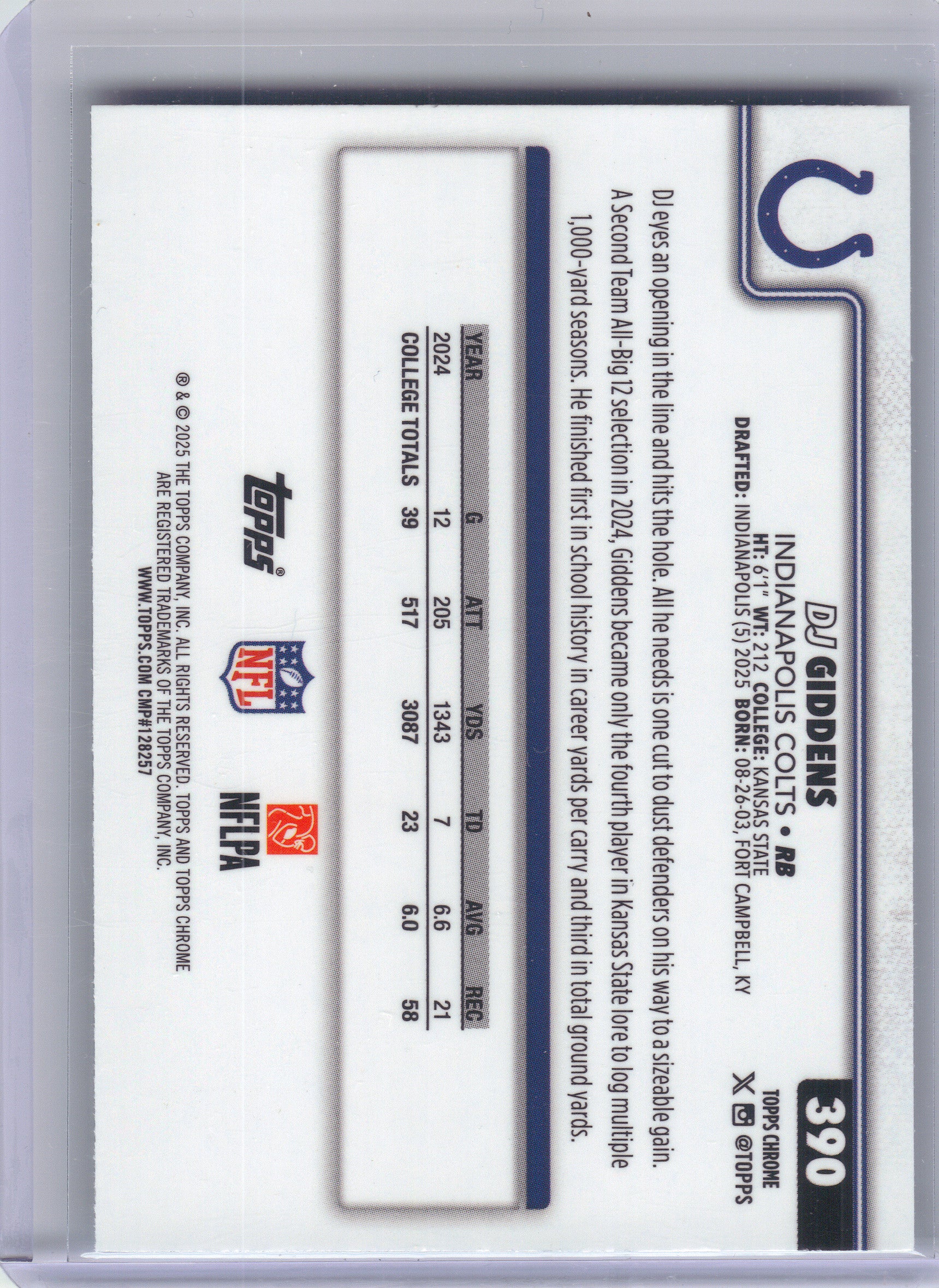2025 Topps Chrome #390 DJ Giddens Teal Wave Refractor #/299 Indianapolis Colts SN,RC