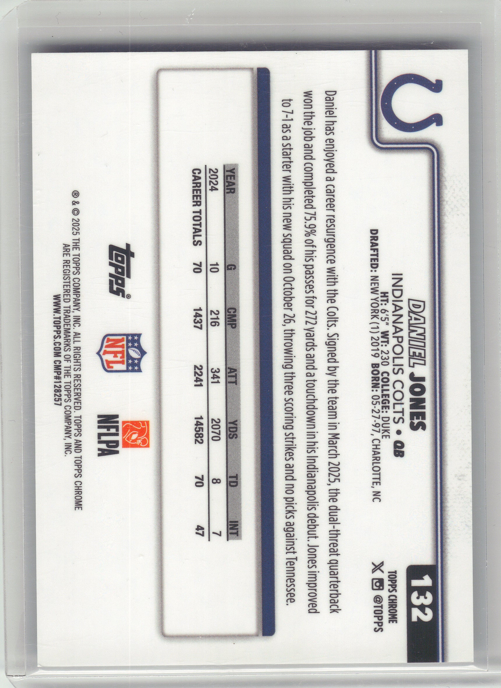 2025 Topps Chrome #132 Daniel Jones White Refractor #/30 Indianapolis Colts SN