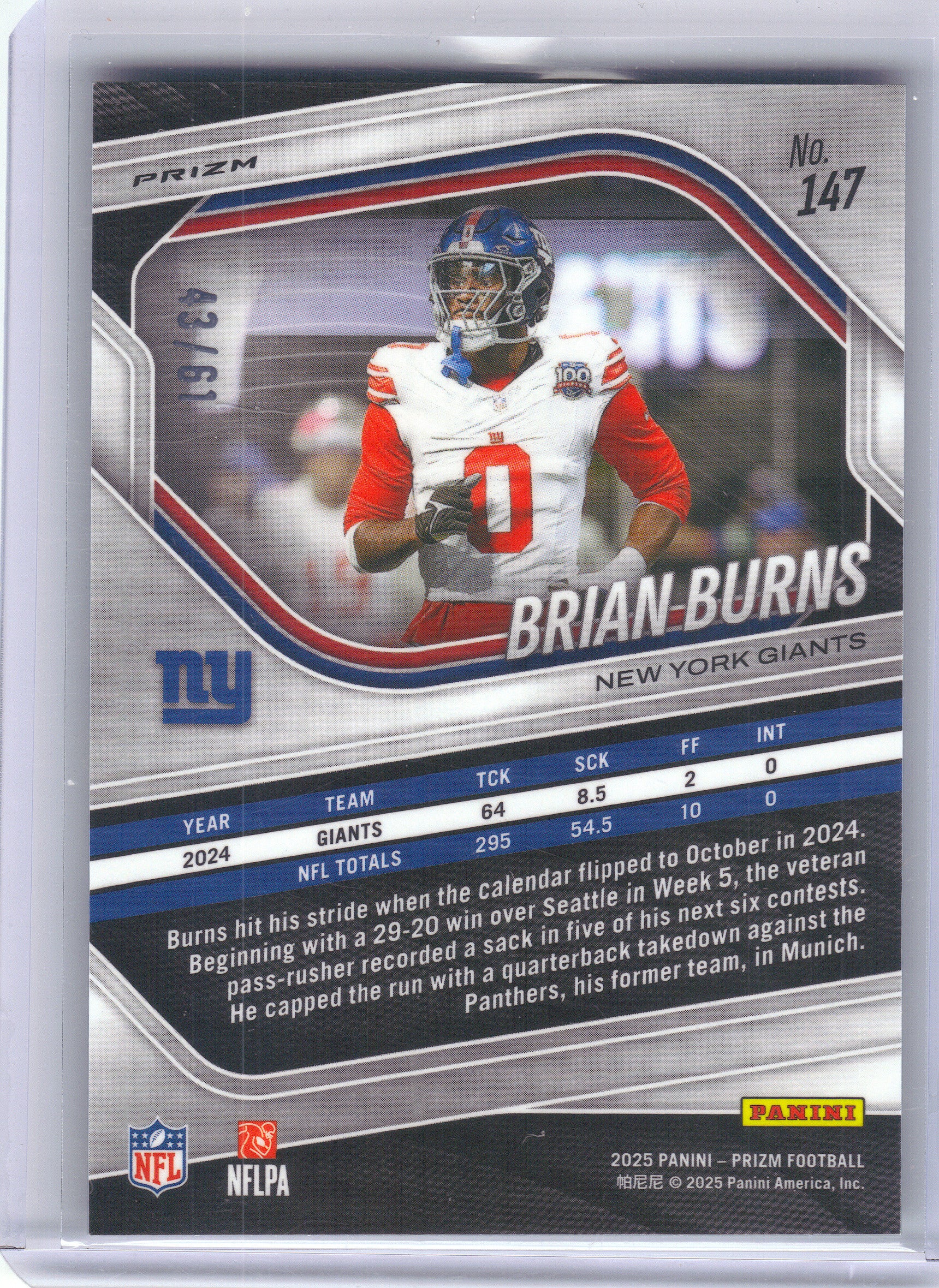 2025 Panini Prizm #147 Brian Burns Kangaroo #/61 New York Giants SN