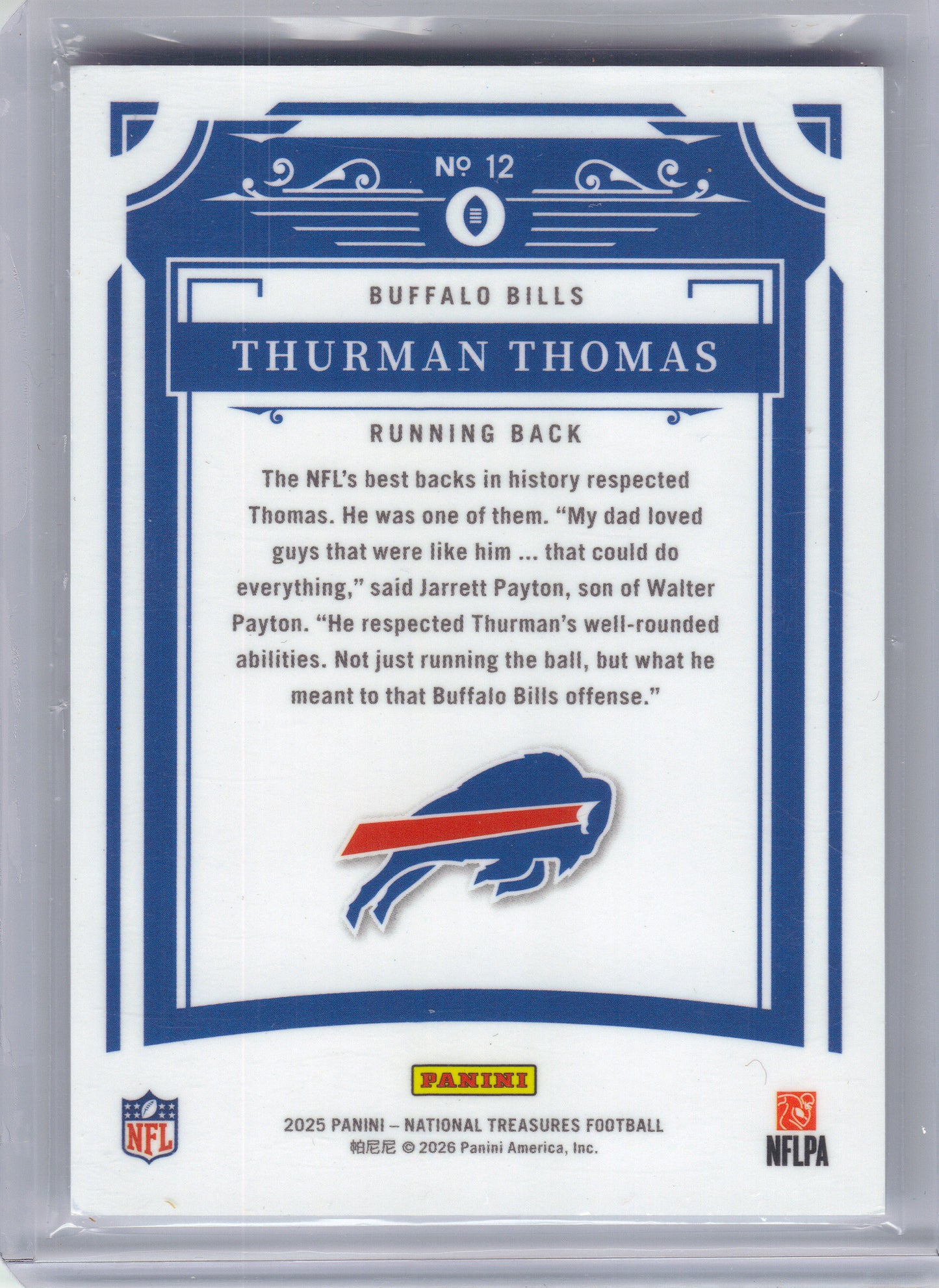 2025 Panini National Treasures #12 Thurman Thomas Purple #/75 Buffalo Bills SN