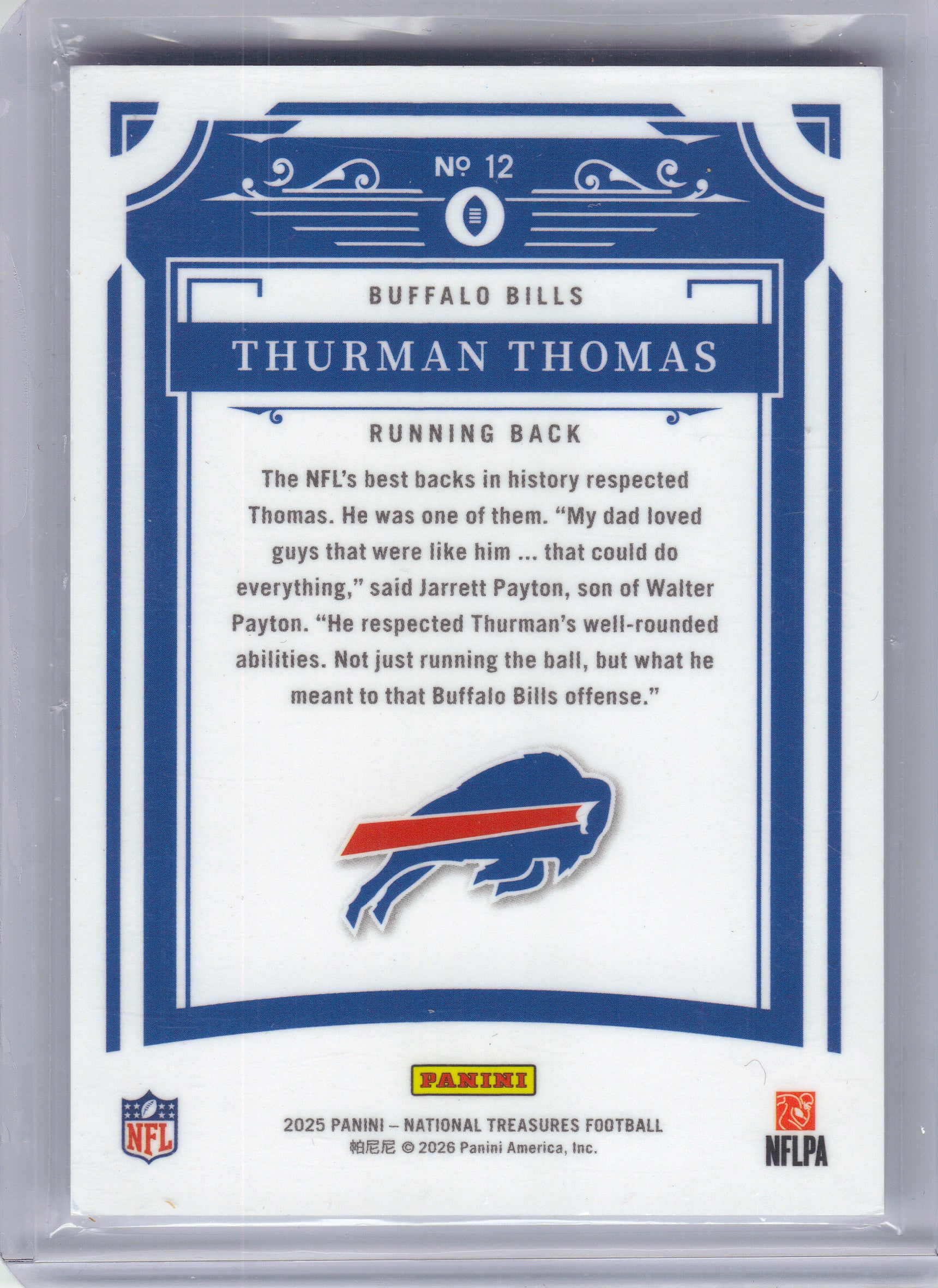 2025 Panini National Treasures #12 Thurman Thomas Purple #/75 Buffalo Bills SN