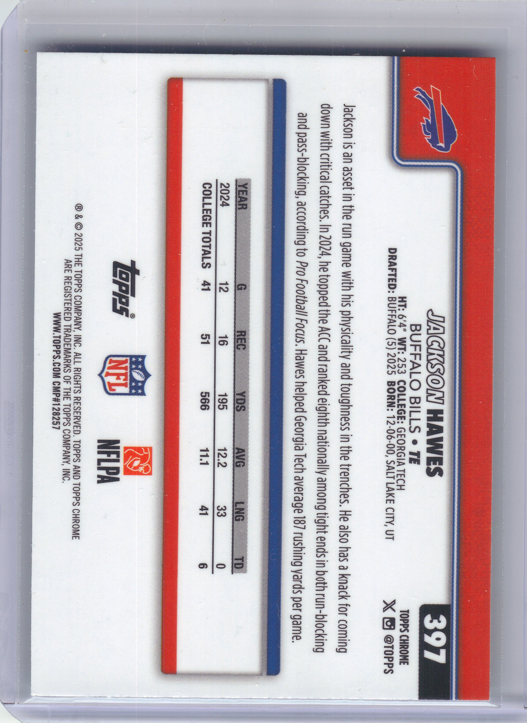 2025 Topps Chrome #397 Jackson Hawes Aqua Refractor #/199 Buffalo Bills SN,RC