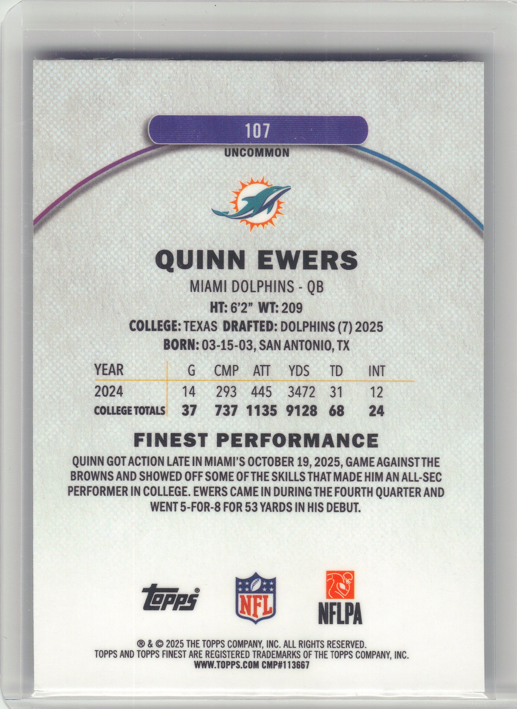 2025 Finest #107 Quinn Ewers Purple Refractor #/200 Miami Dolphins SN,RC