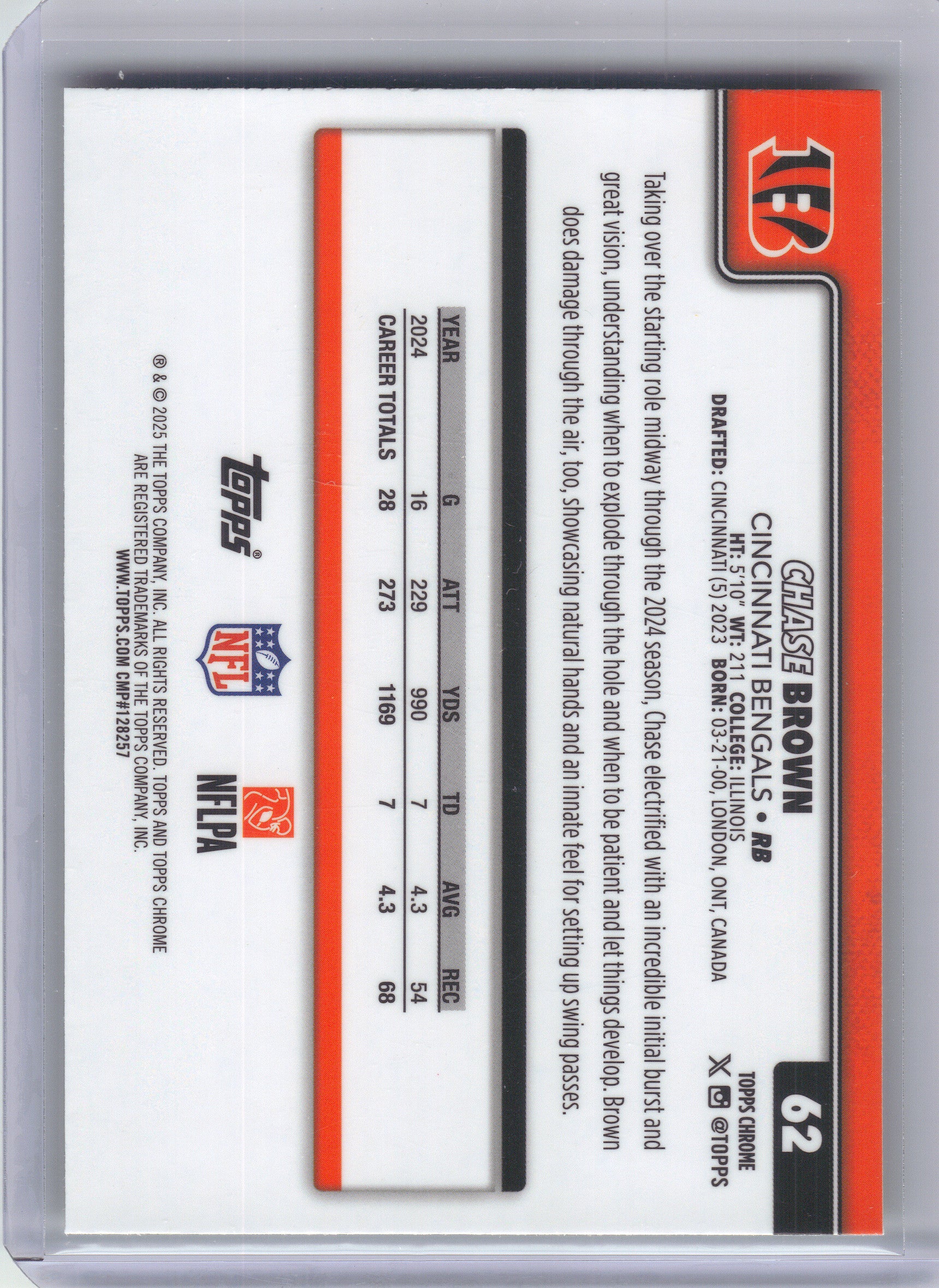 2025 Topps Chrome #62 Chase Brown Lime Green X-Fractor Cincinnati Bengals