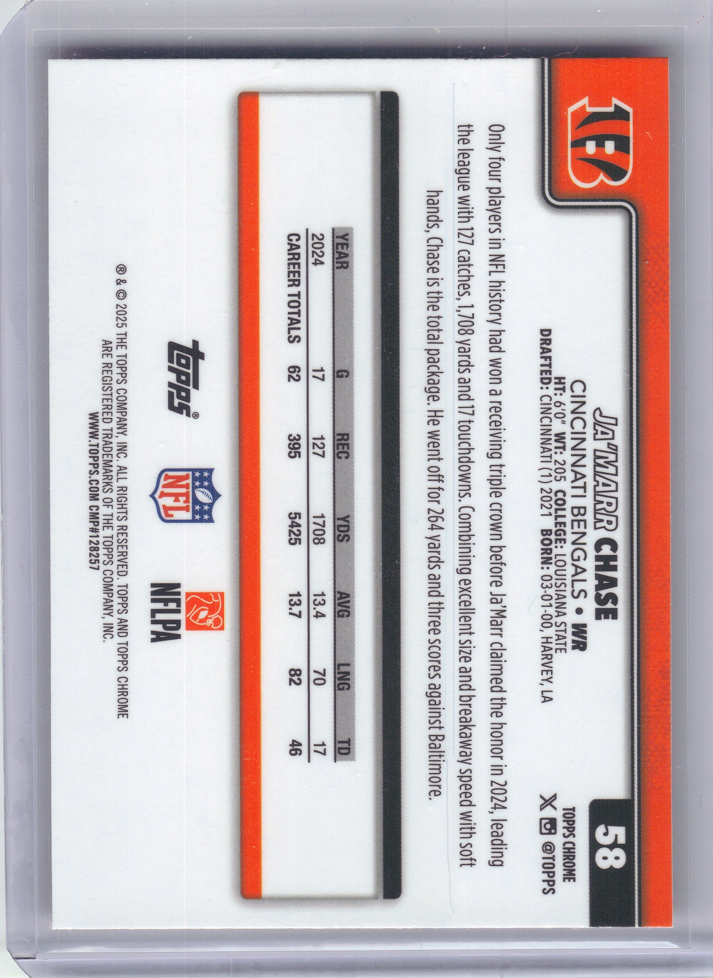 2025 Topps Chrome #58 Ja'Marr Chase Hot Pink X-Fractor Cincinnati Bengals