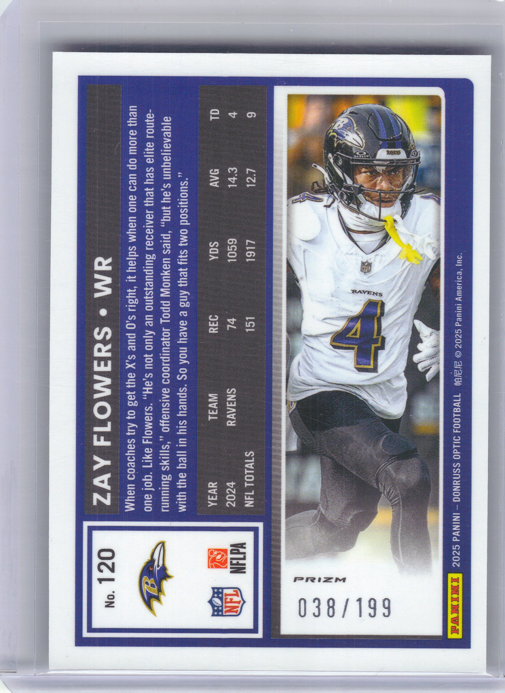 2025 Donruss Optic #120 Zay Flowers Flex #/199 Baltimore Ravens SN